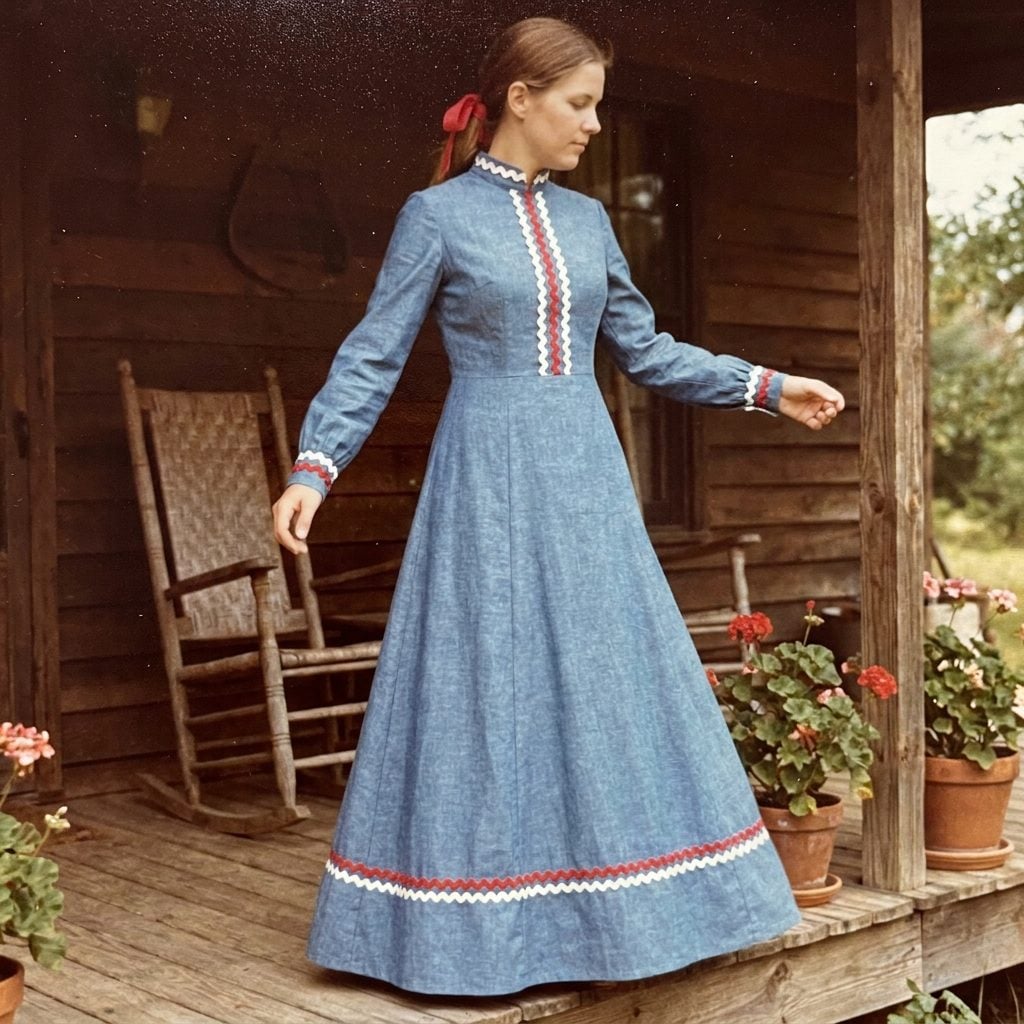 Blue prairie dress decorated with red and white rickrack trim