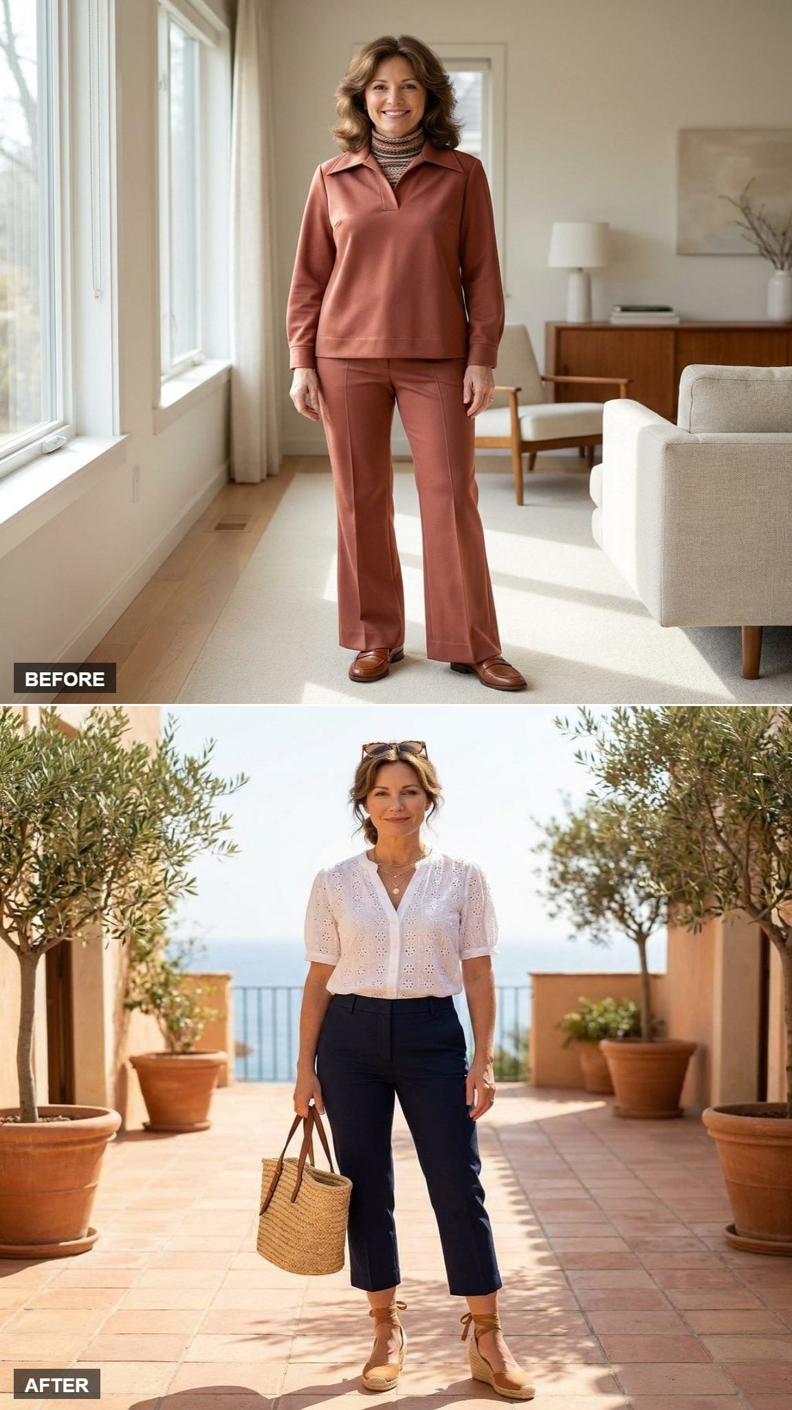 Riviera Weekend in a White Eyelet Blouse, Dark Navy Capri Pants, and Espadrille Wedges