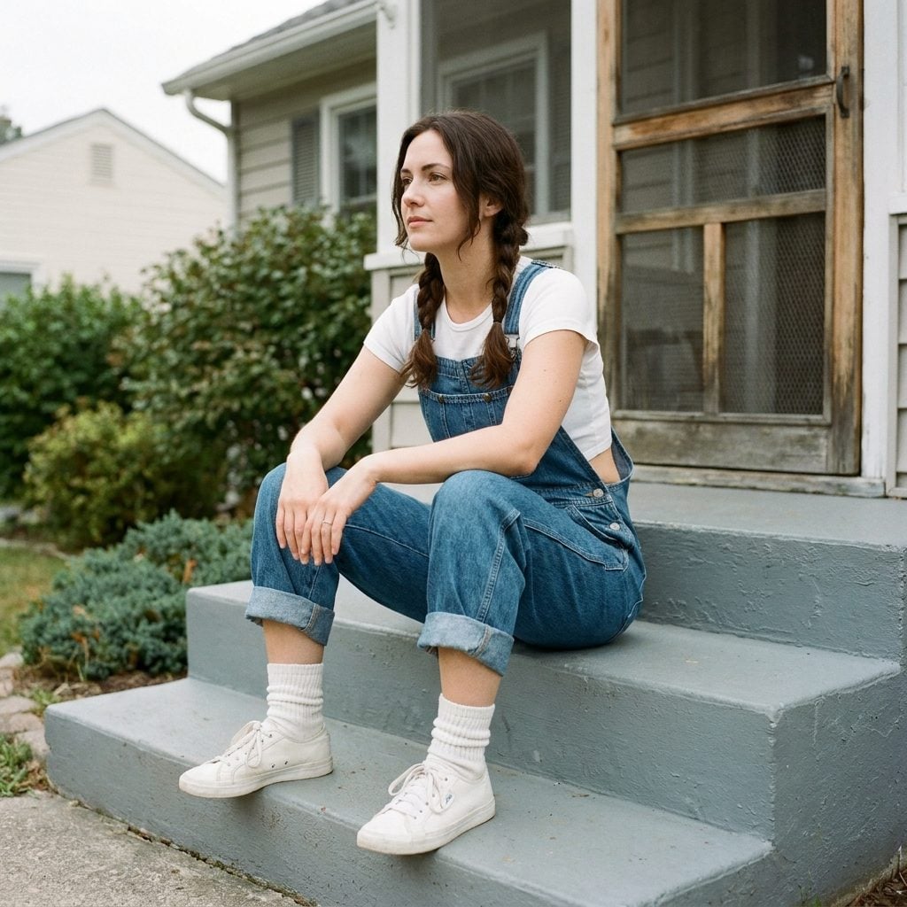 Rolled-Cuff Overalls With a Cropped White Tee and Ankle Socks