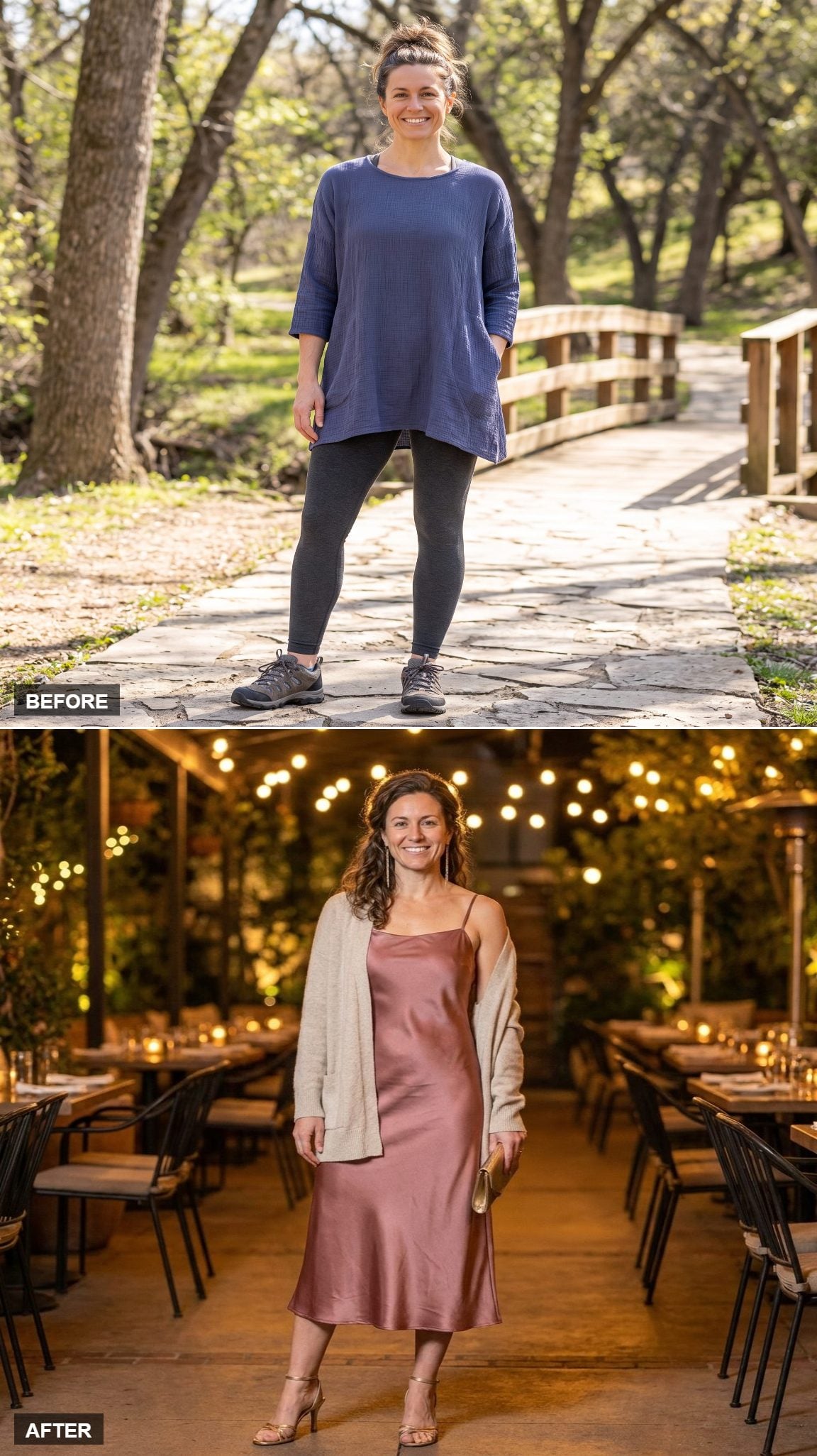 Romantic Evening Out in a Dusty Rose Silk Midi Dress, Strappy Gold Sandals, and a Draped Cashmere Cardigan