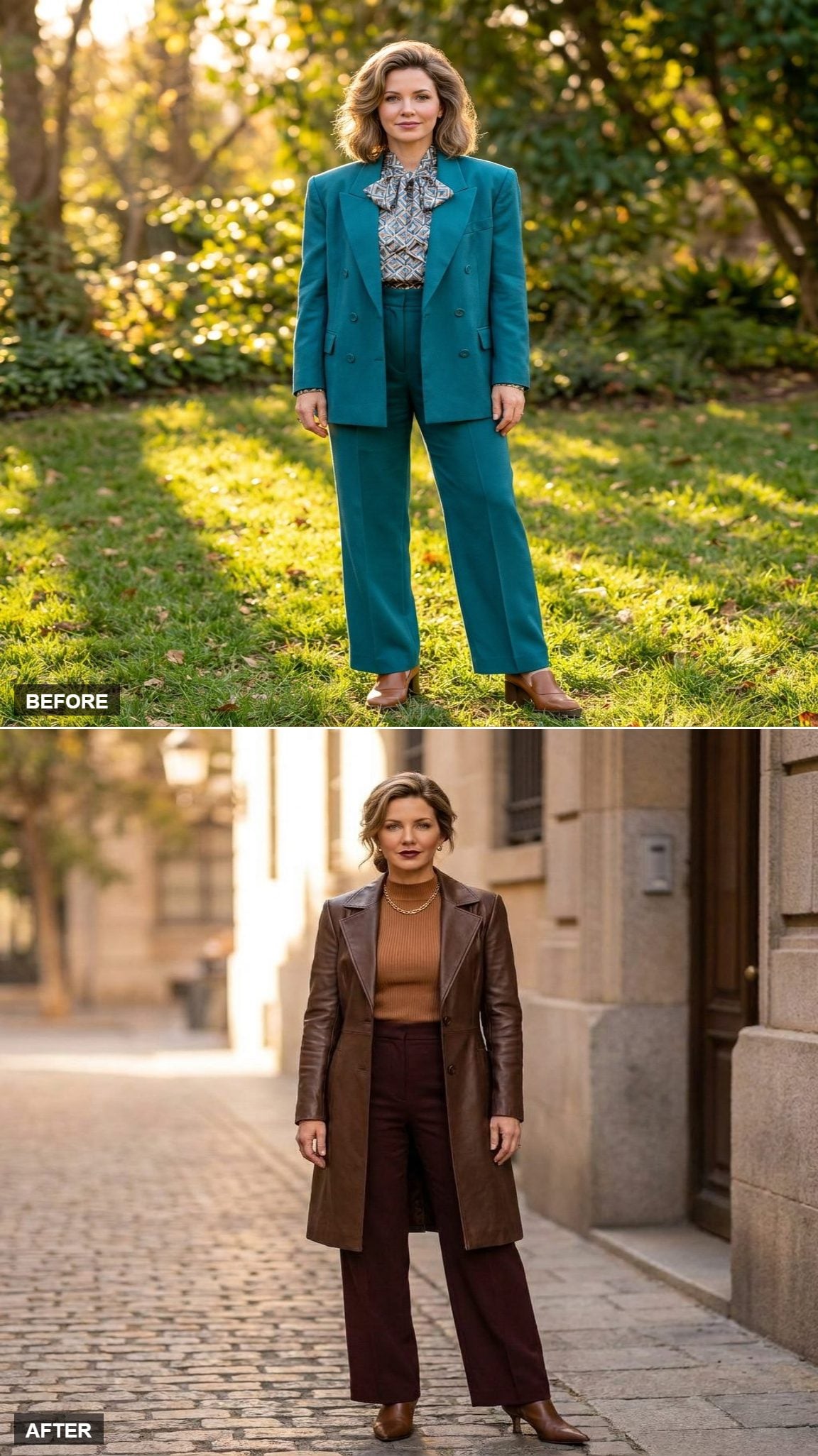 Rome in November in a Chocolate Brown Leather Trench, Ribbed Mock-Neck, and Dark Burgundy Wide-Leg Trousers