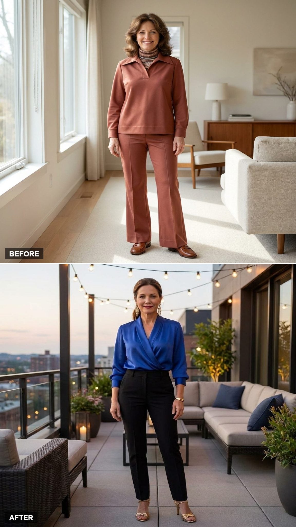 Rooftop Cocktail Hour in a Cobalt Blue Wrap Blouse, Black Tailored Trousers, and Gold Strappy Sandals
