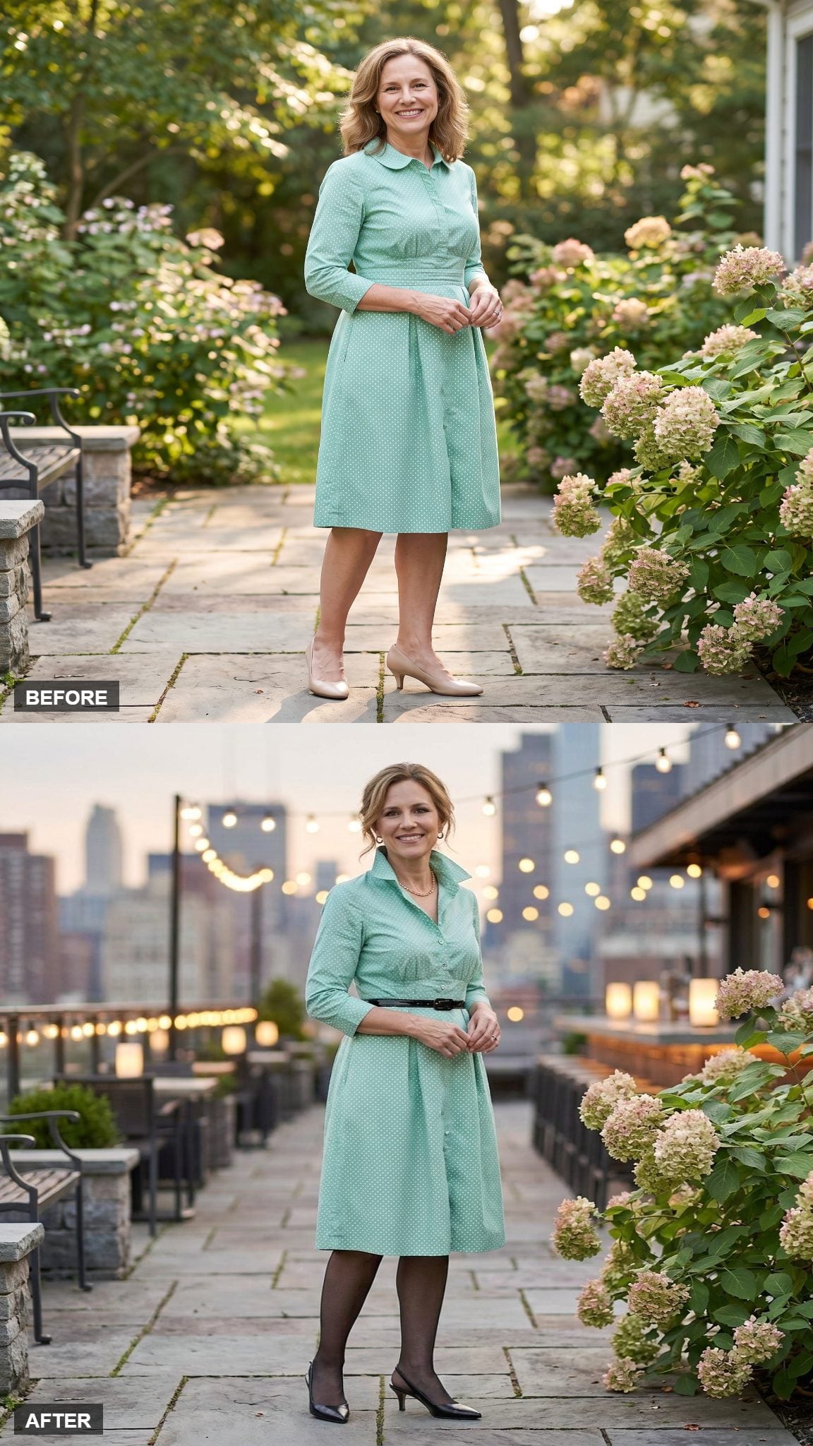 Rooftop Cocktail Hour with a Silk Slip and Bare Shoulders