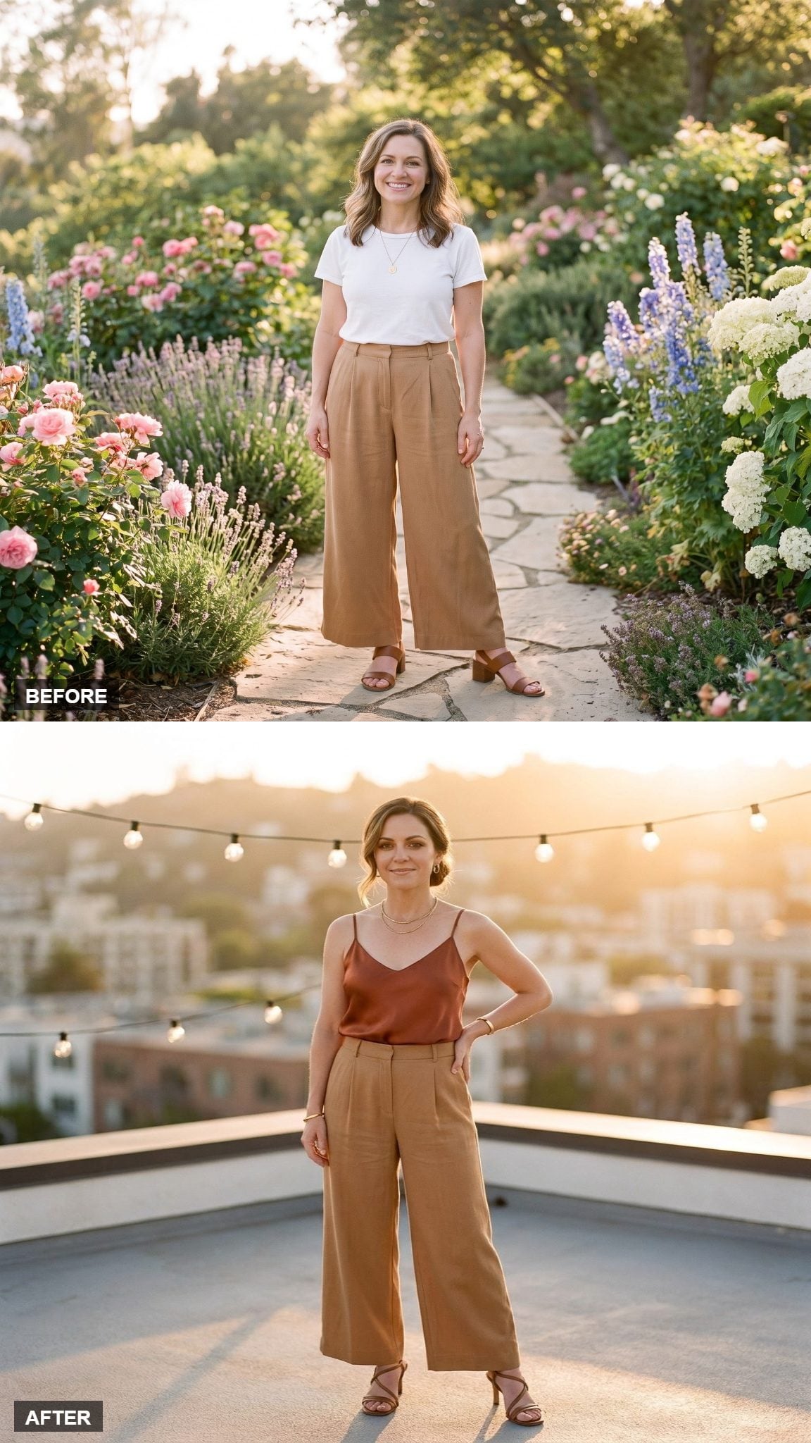 Rooftop Dinner in a Rust Silk Cami and Delicate Gold Layers