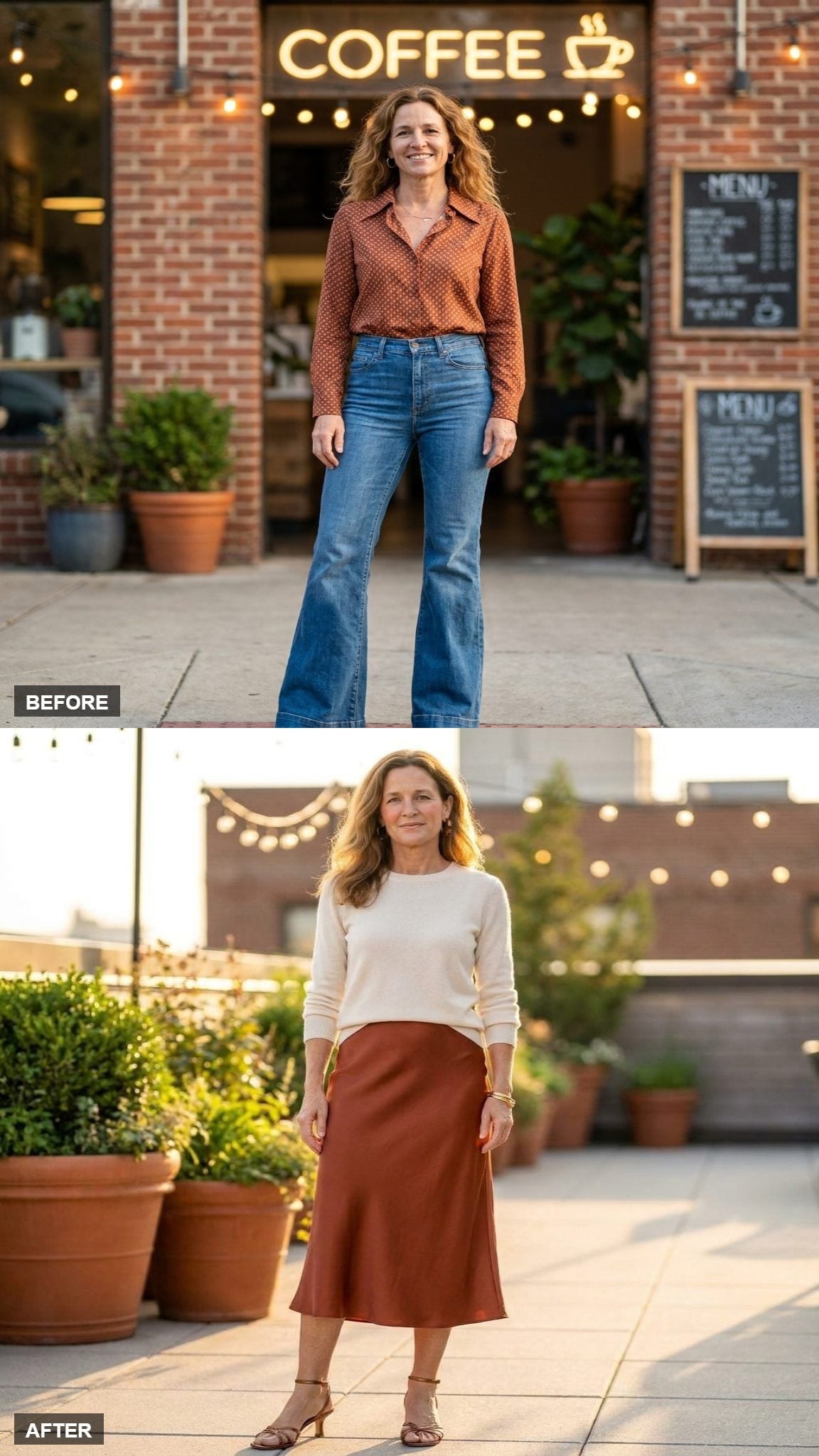 Rooftop Dinner Warmth in a Rust Silk Slip Skirt, Cream Cashmere Crewneck, and Bronze Sandals