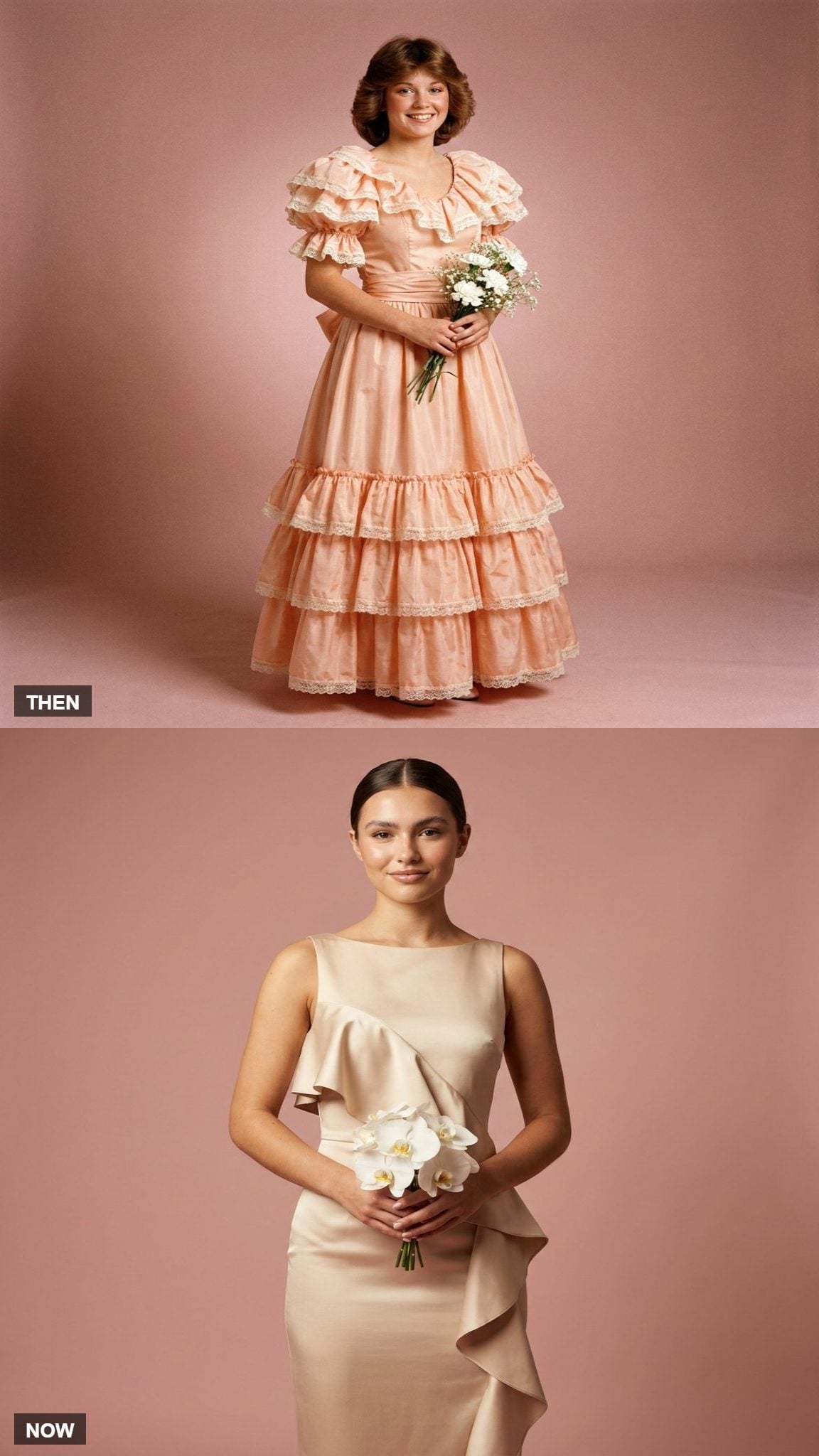 Heavily ruffled 1980 prom dress compared with a restrained modern ruffle