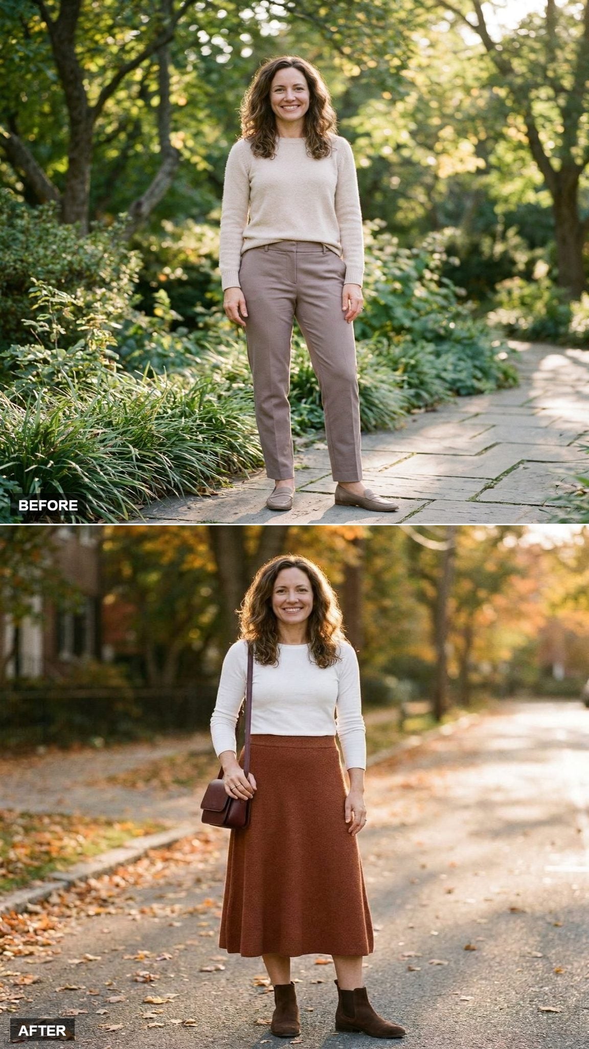 Rust Knit Midi Skirt, Fitted White Long-Sleeve Tee, and Chocolate Suede Chelsea Boots for a Weekend Edit