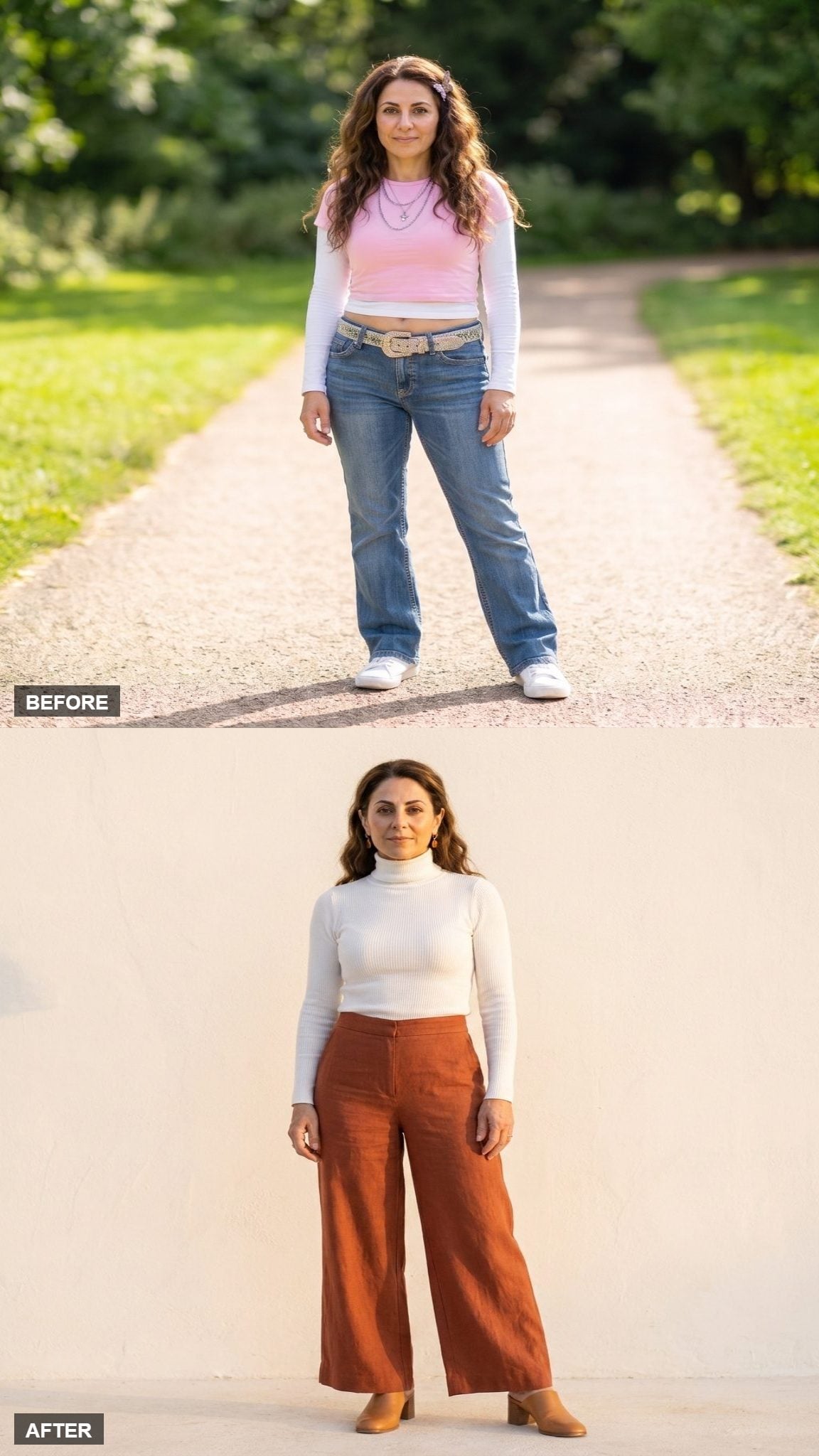 Rust Linen Wide-Leg Pants With a White Fitted Turtleneck and Tan Block-Heeled Mules