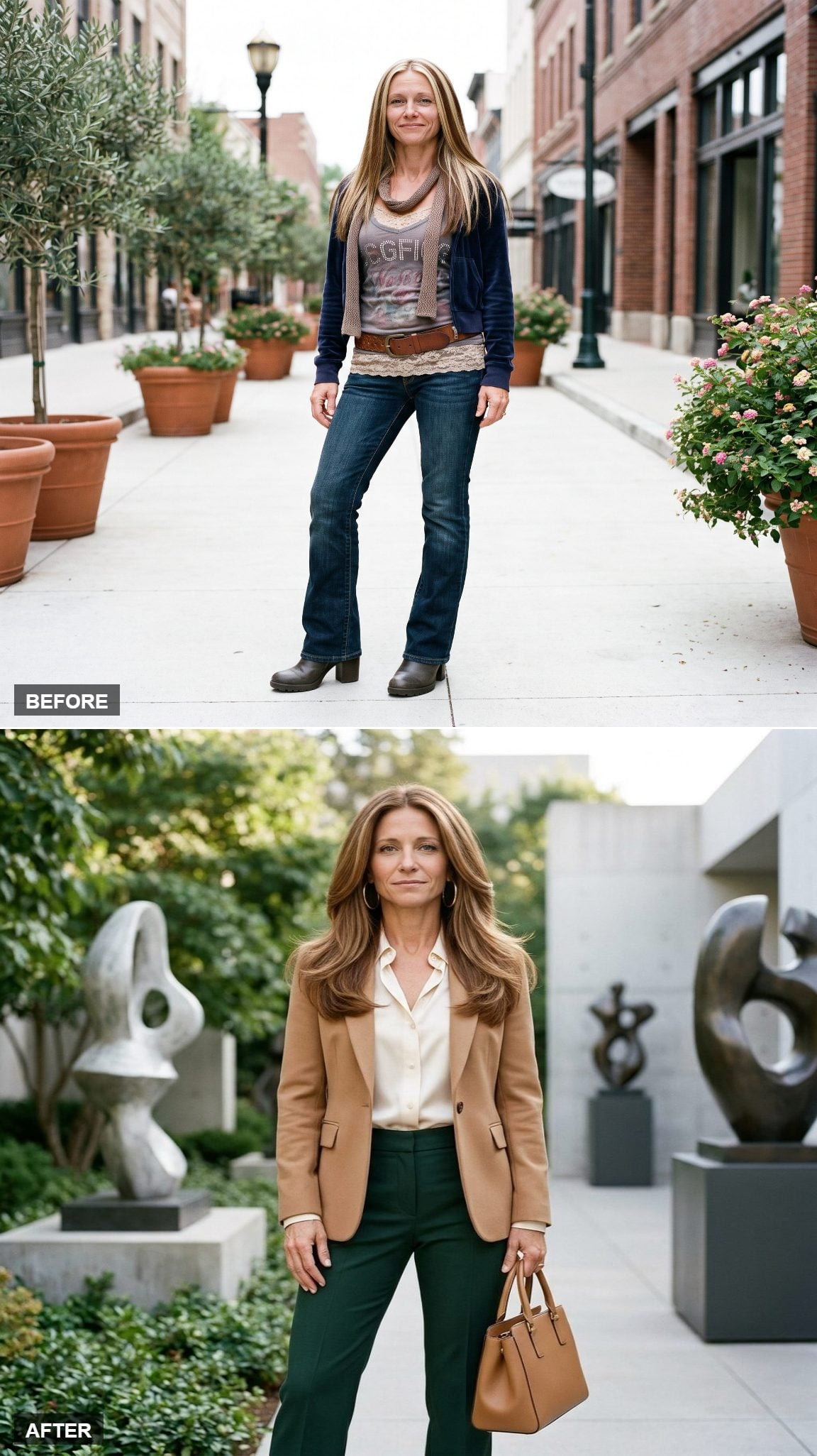 Rust Silk Blouse, Dark Tailored Trousers, and Cognac Mules That Prove Warm Color Is the Fastest Route Out of Beige