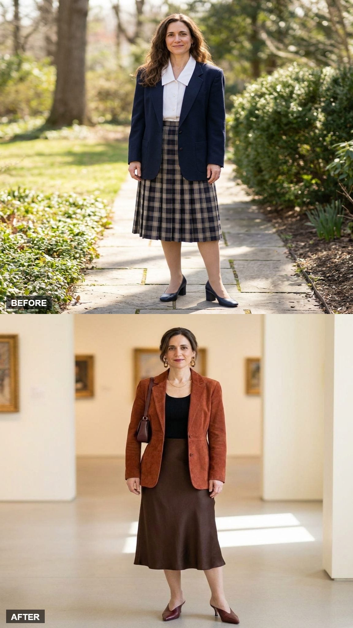 Rust Suede Blazer and Chocolate Satin Skirt for the Art Opening You RSVPed Yes To