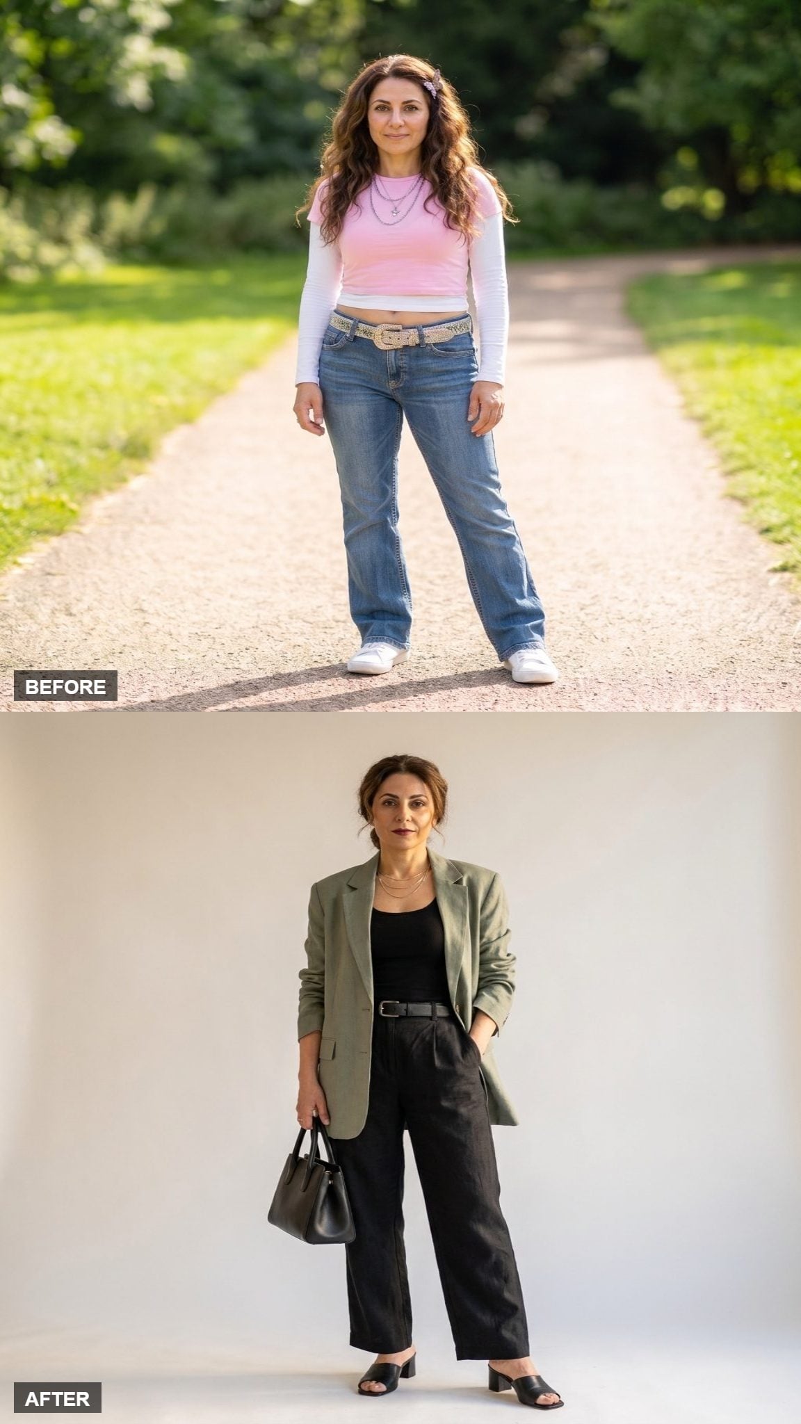 Sage Green Linen Blazer, Fitted Black Tank, Relaxed Black Trousers, and Black Mule Heels