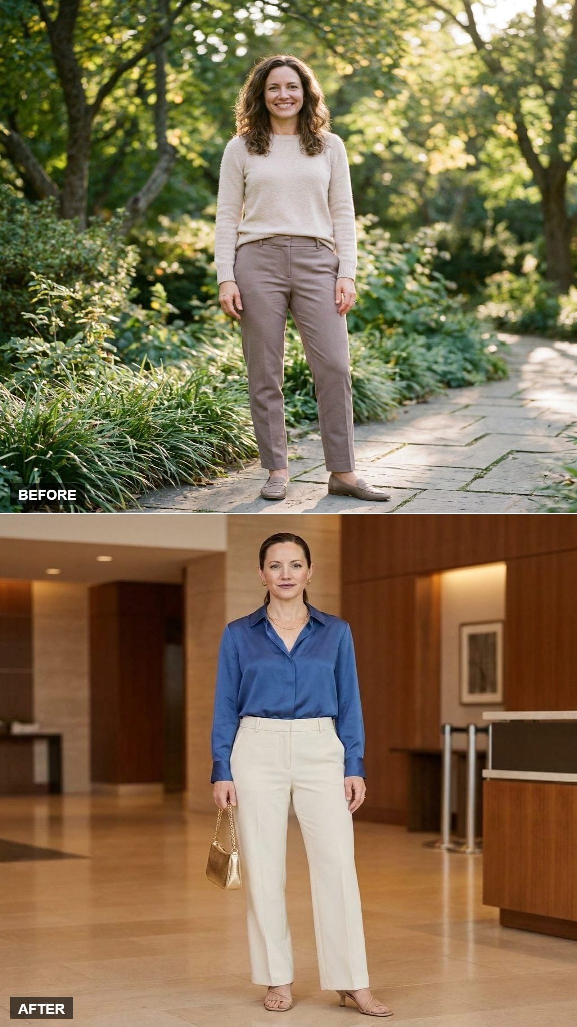 Sapphire Blue Silk Blouse, Tailored Cream Wide-Leg Pants, and Nude Strappy Heels for a Work Event