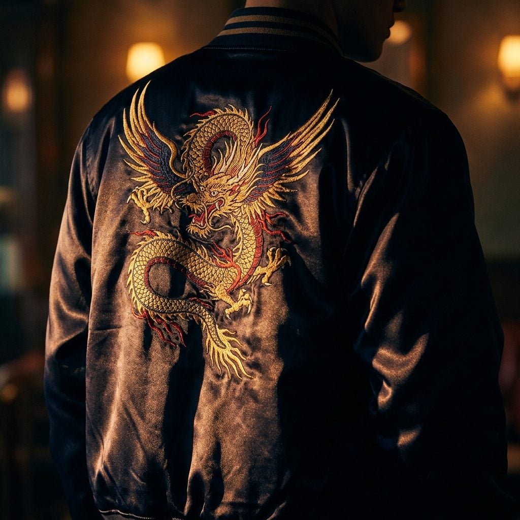 The Satin Jacket With a Dragon or Eagle Embroidered Across the Entire Back Panel