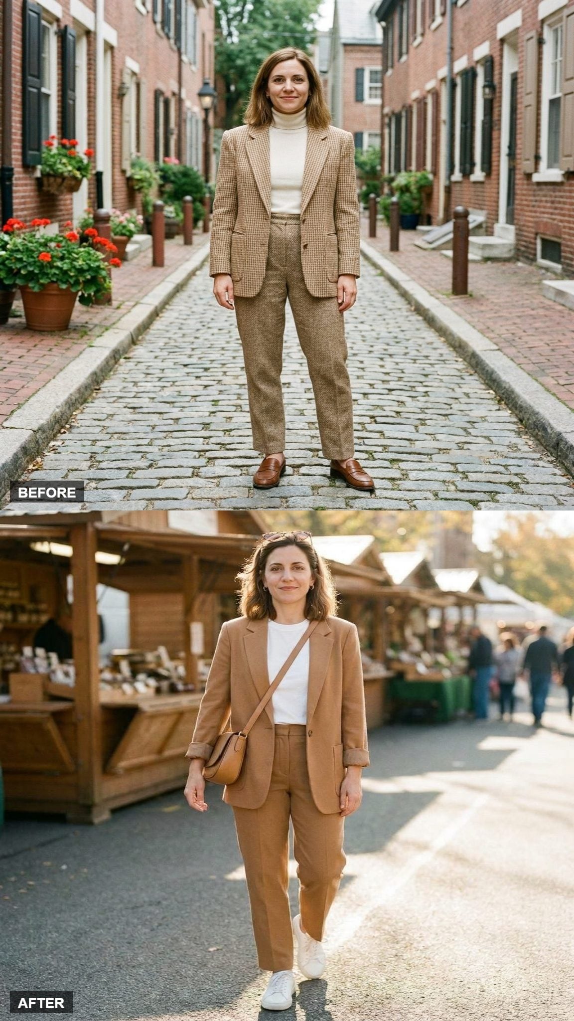 Saturday Market in Warm Camel Suiting and White Cotton
