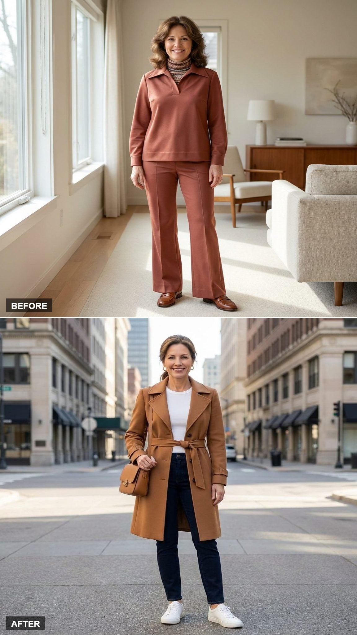 Saturday Morning Polish in a Caramel Trench Coat, White Crew-Neck Tee, Slim Dark Jeans, and White Sneakers