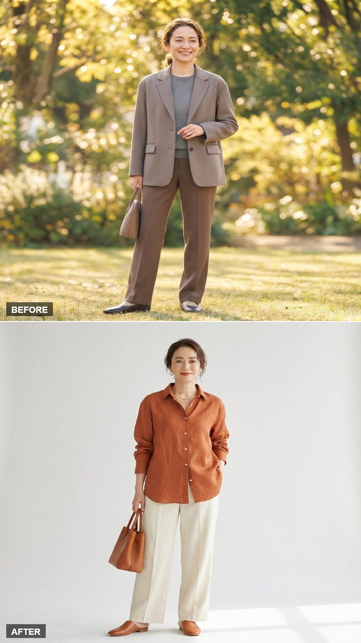 Saturday Morning Reinvented in a Rust Linen Shirt, Wide-Leg Trousers, and Cognac Mules