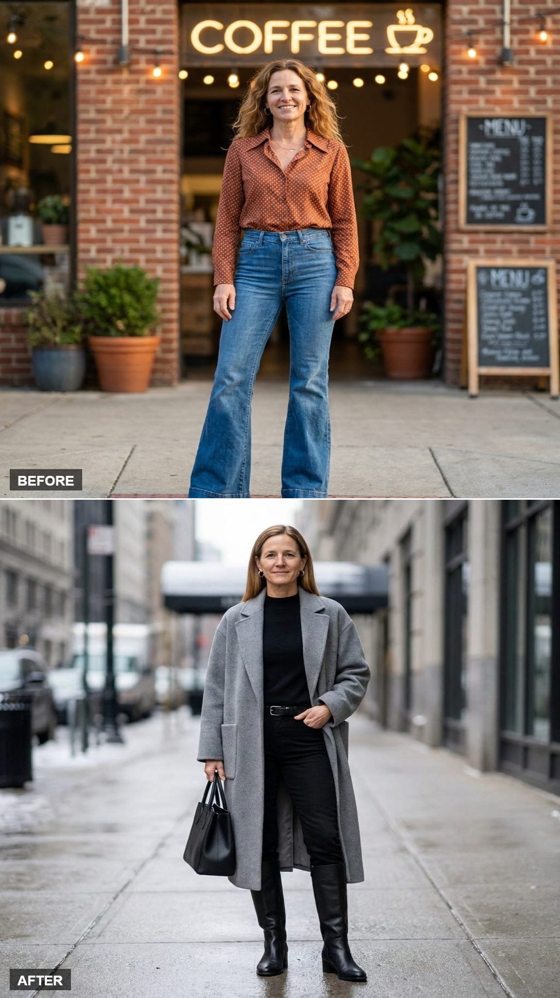 Scandinavian Winter Edit in a Dove Grey Oversized Coat, Black Slim Jeans, and Knee-High Boots