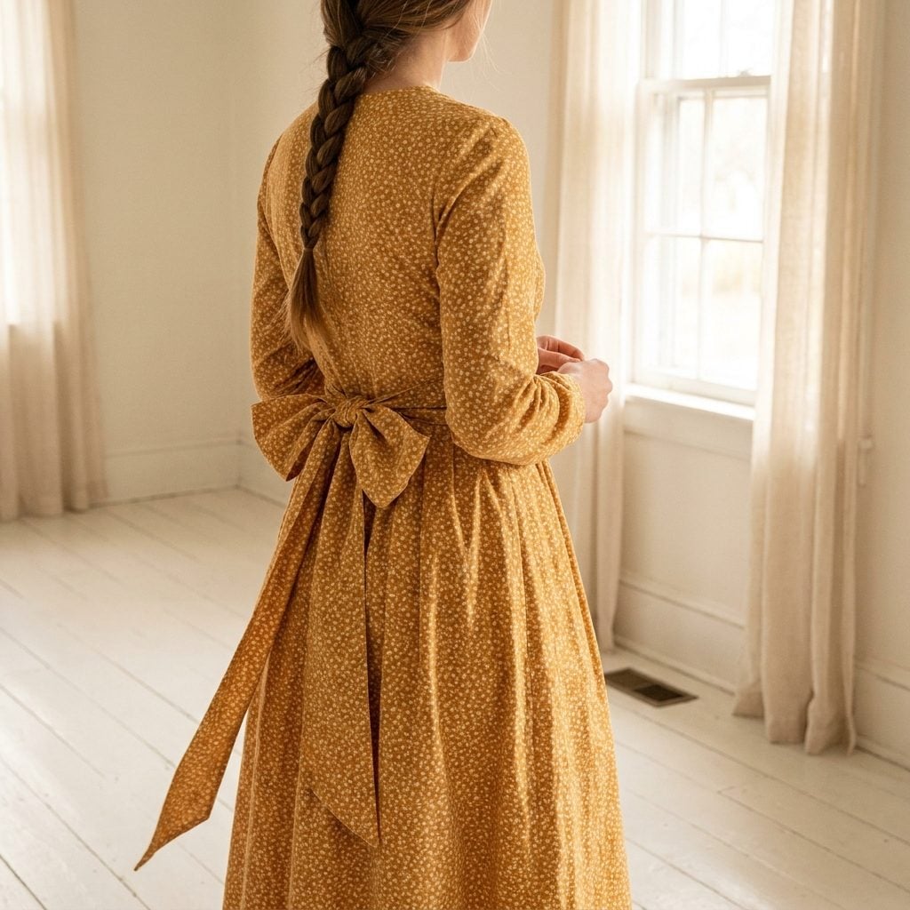 Mustard prairie dress with oversized self-fabric bow at the back