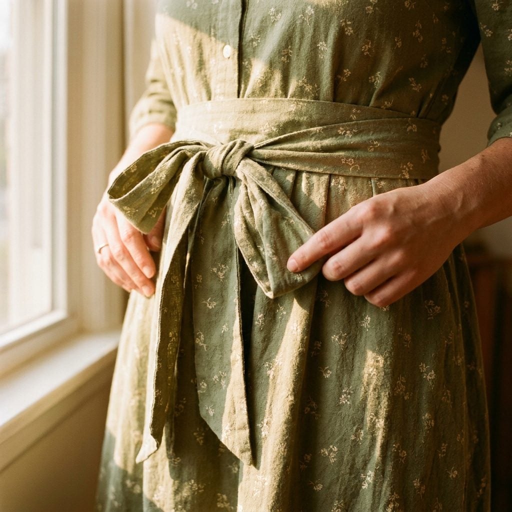 Green prairie dress with wide self-fabric sash tied at the side