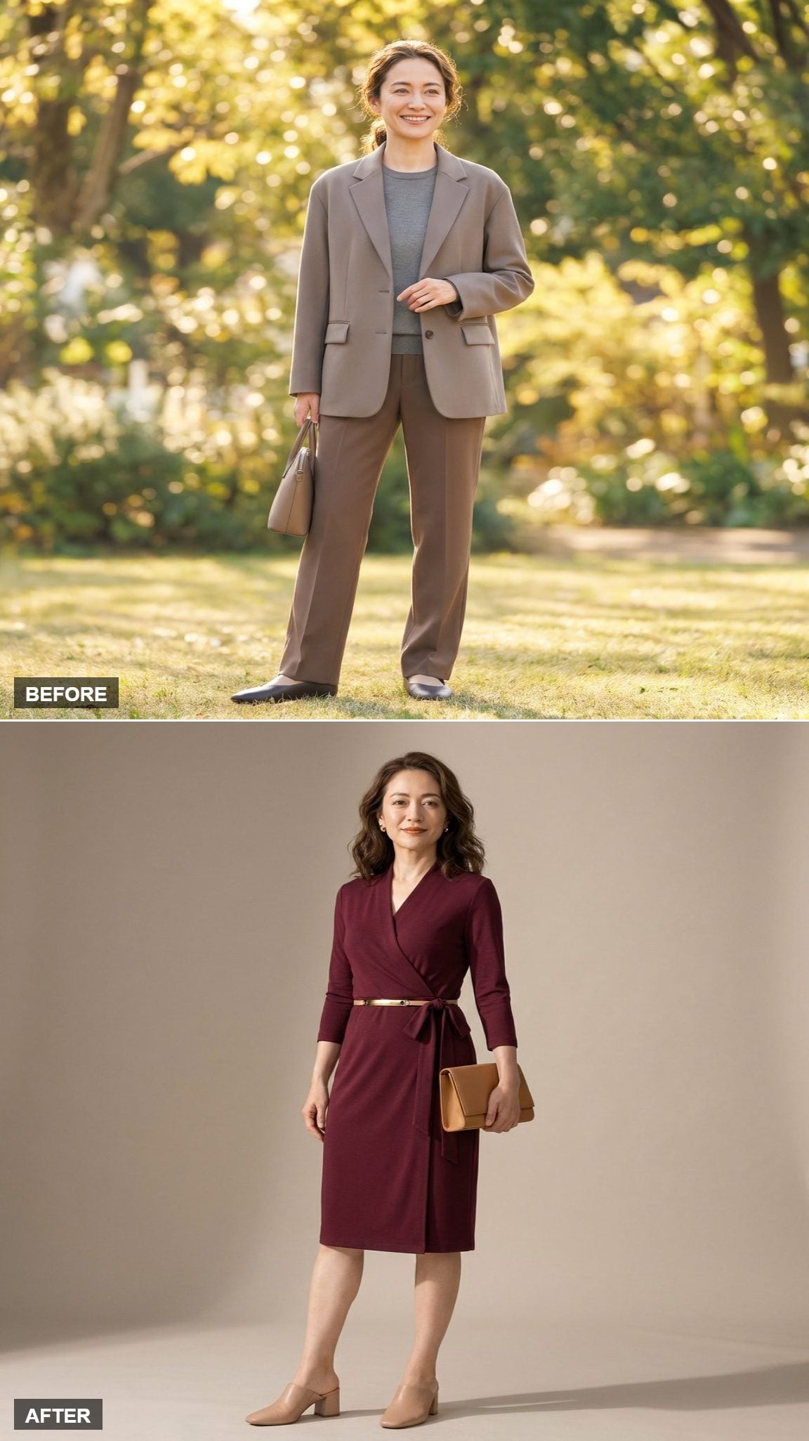 Sharp Lunch Power in a Burgundy Wrap Dress and Block-Heel Mules