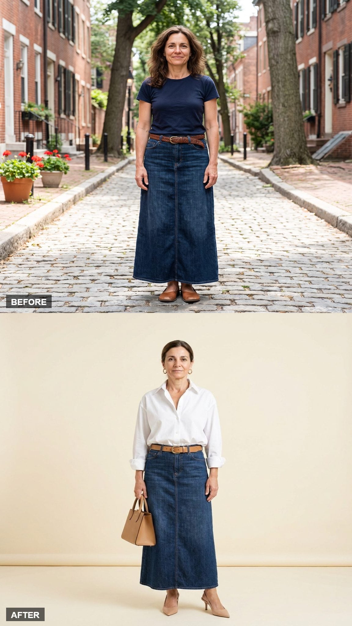 Sharp Neutrals With an Oversized White Shirt Tucked Deep