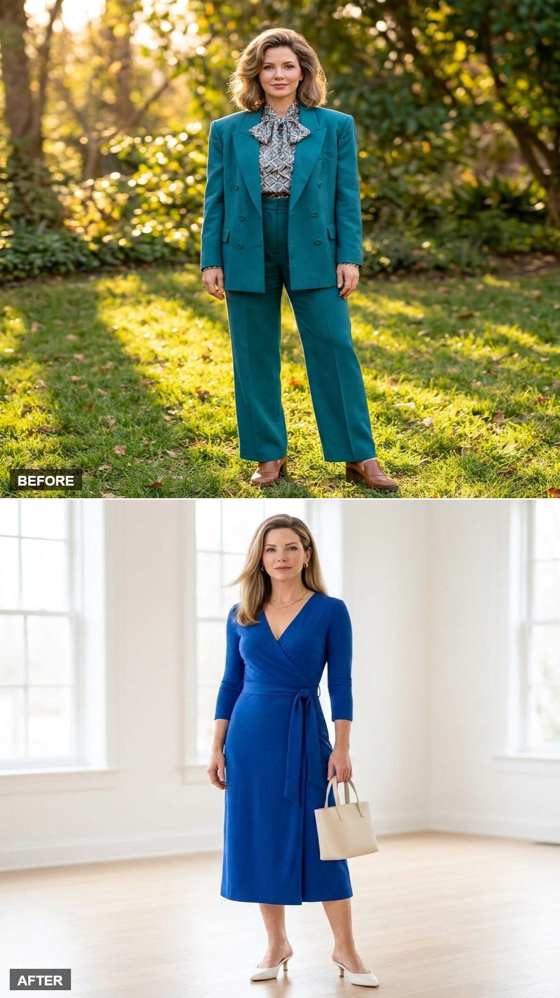 Sharp Saturday Brunch in a Cobalt Wrap Dress and White Kitten Mules