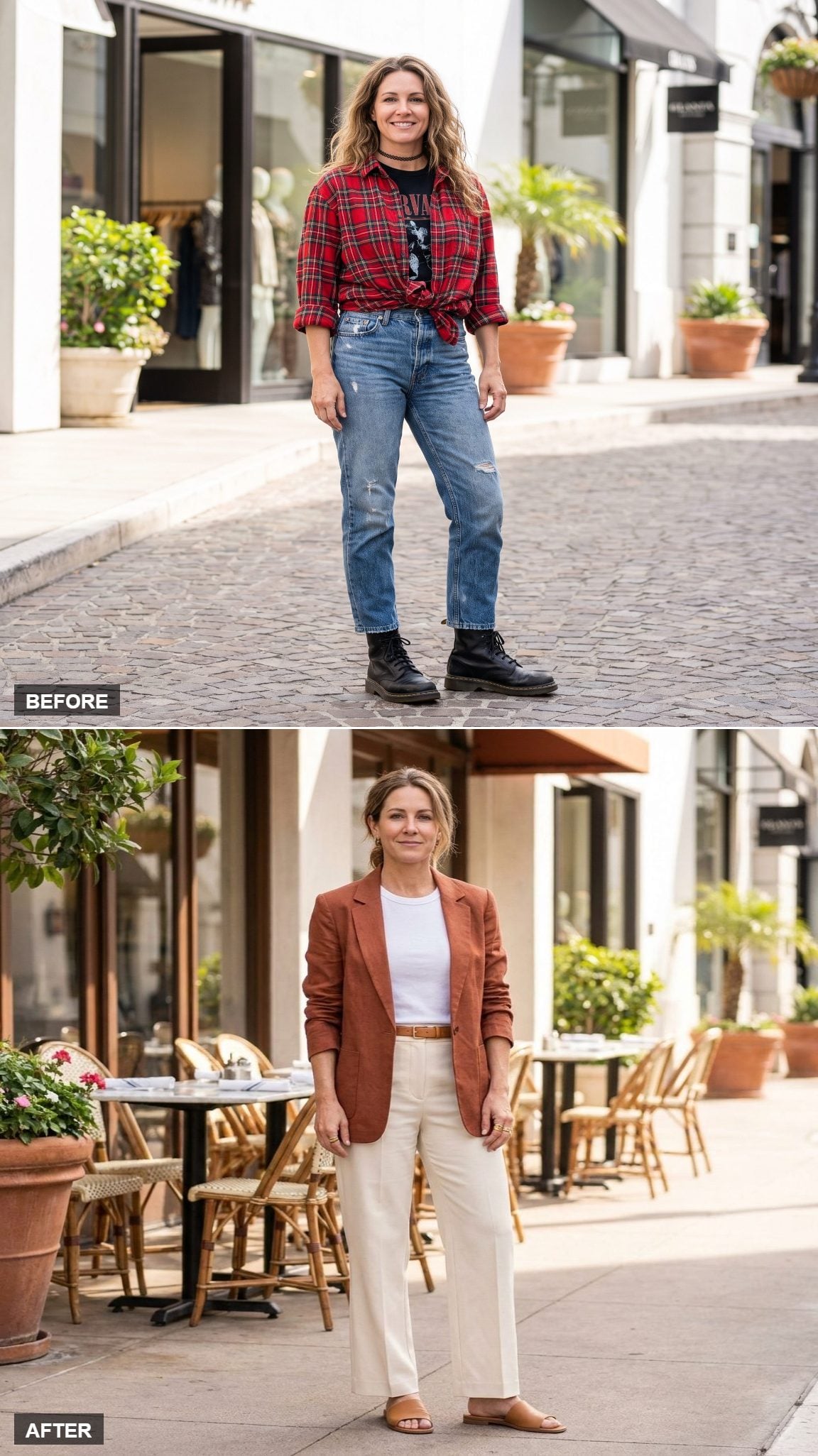 Rust linen blazer with white tee, tailored cream trousers, and tan shoes