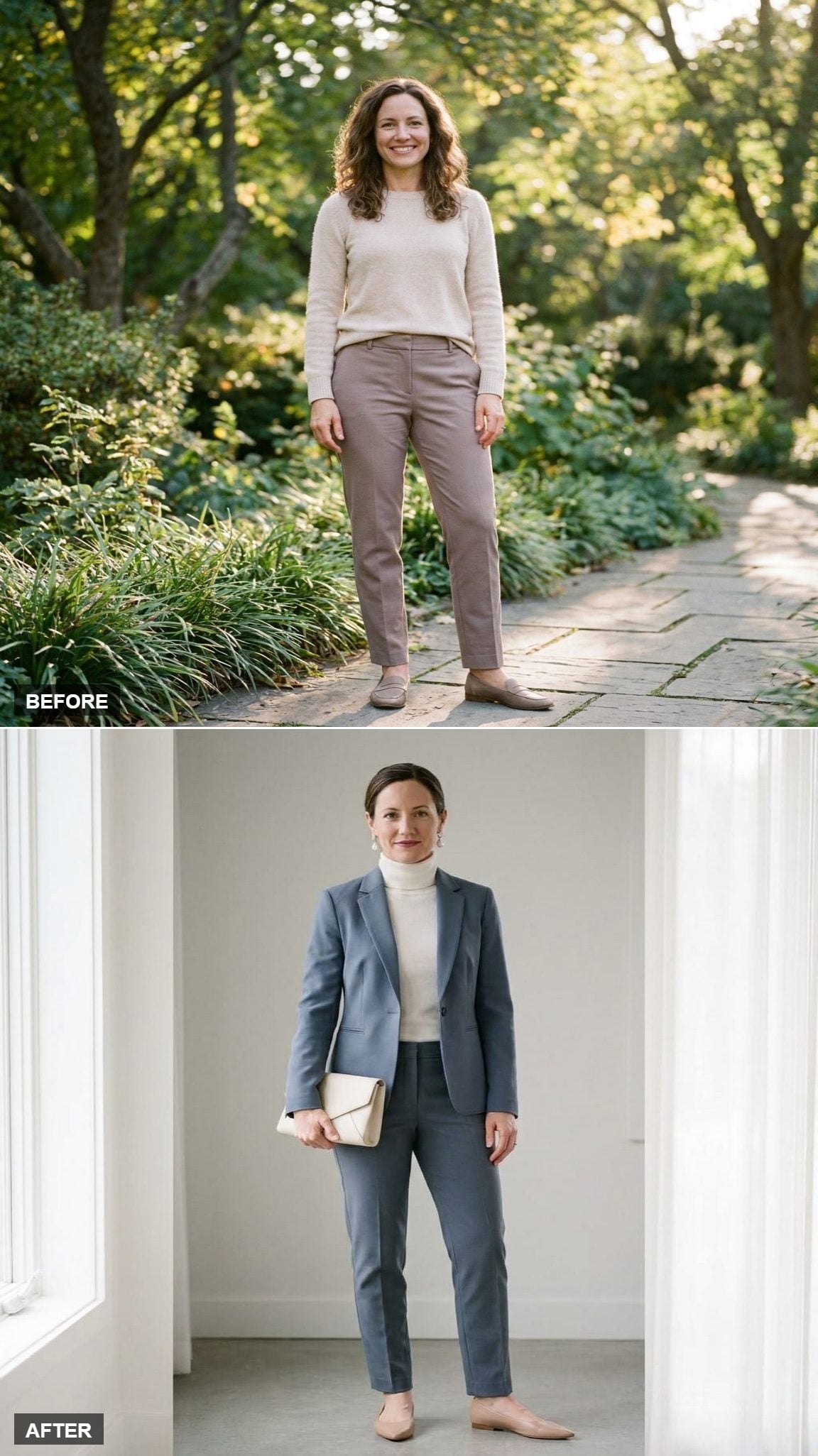 Sharp in Slate Blue: A Tailored Blazer, Slim Trousers, and Pearl Drop Earrings