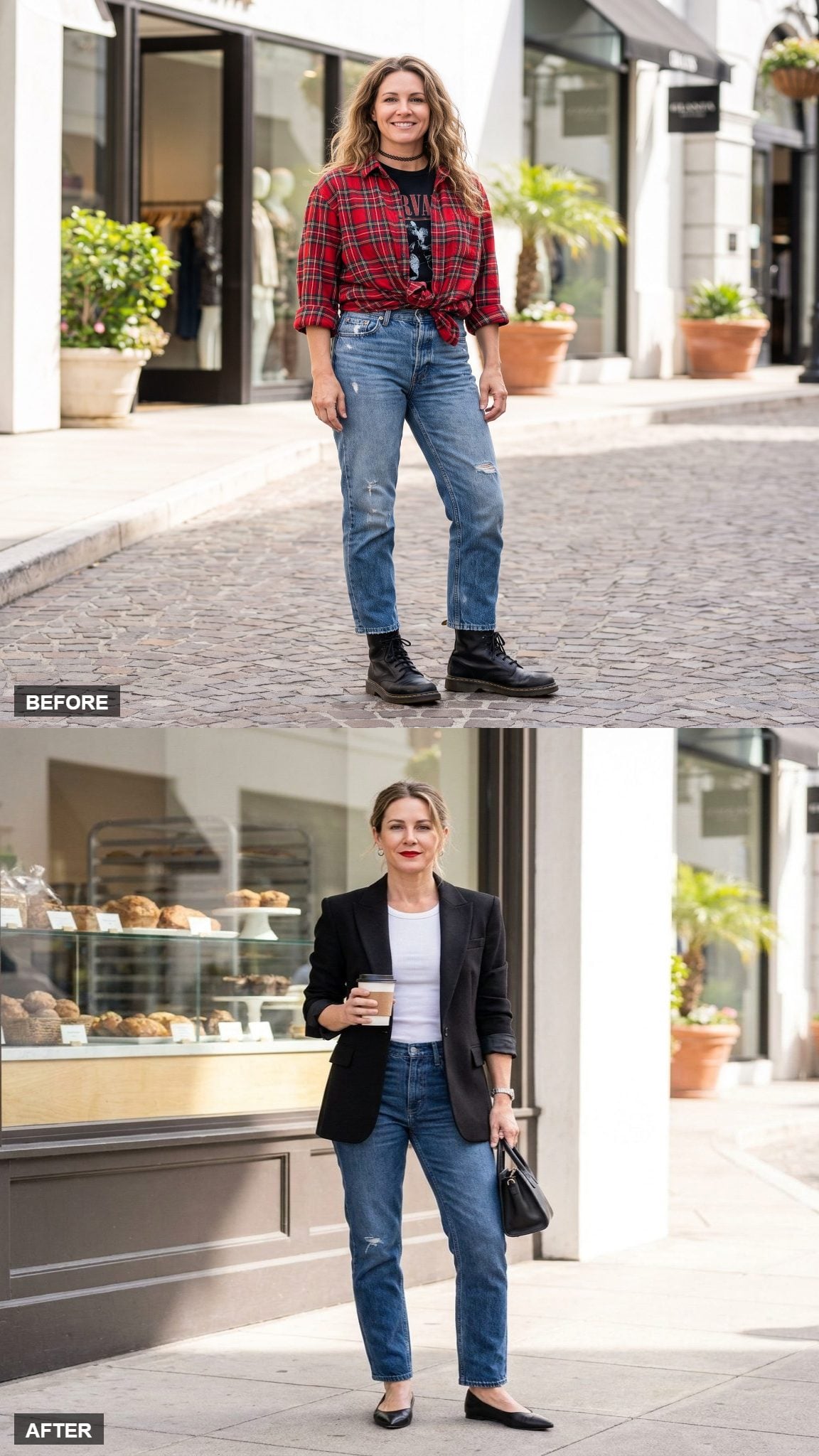 Black blazer, white ribbed tank, distressed straight jeans, and red lip