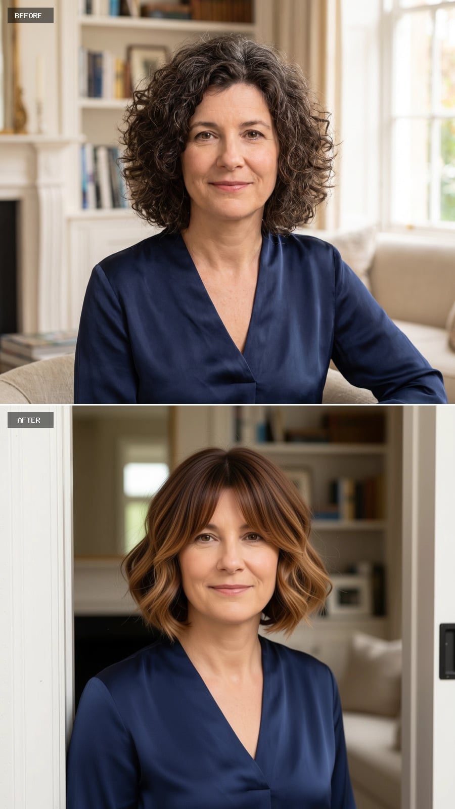 Shoulder-length brunette bob with bangs before and after