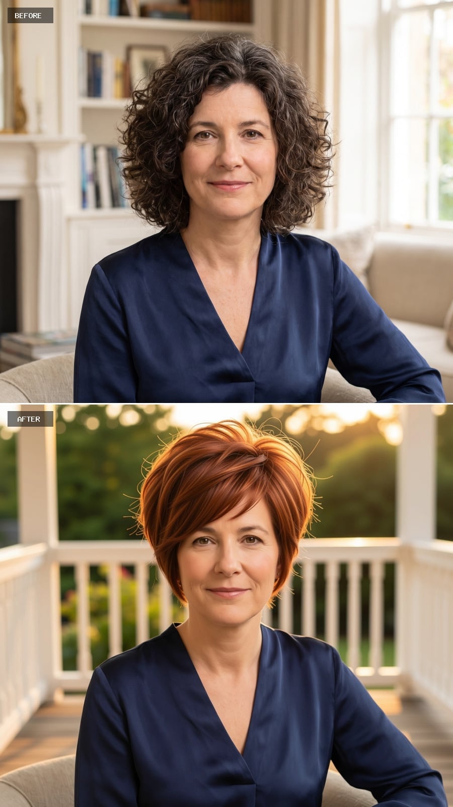 Short copper layered haircut before and after