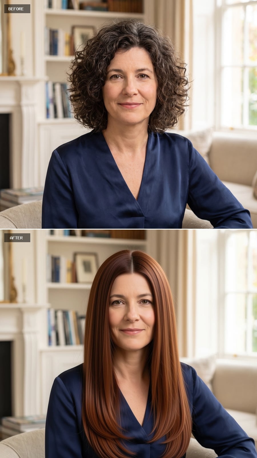 Long straight copper-brown hair with center part before and after