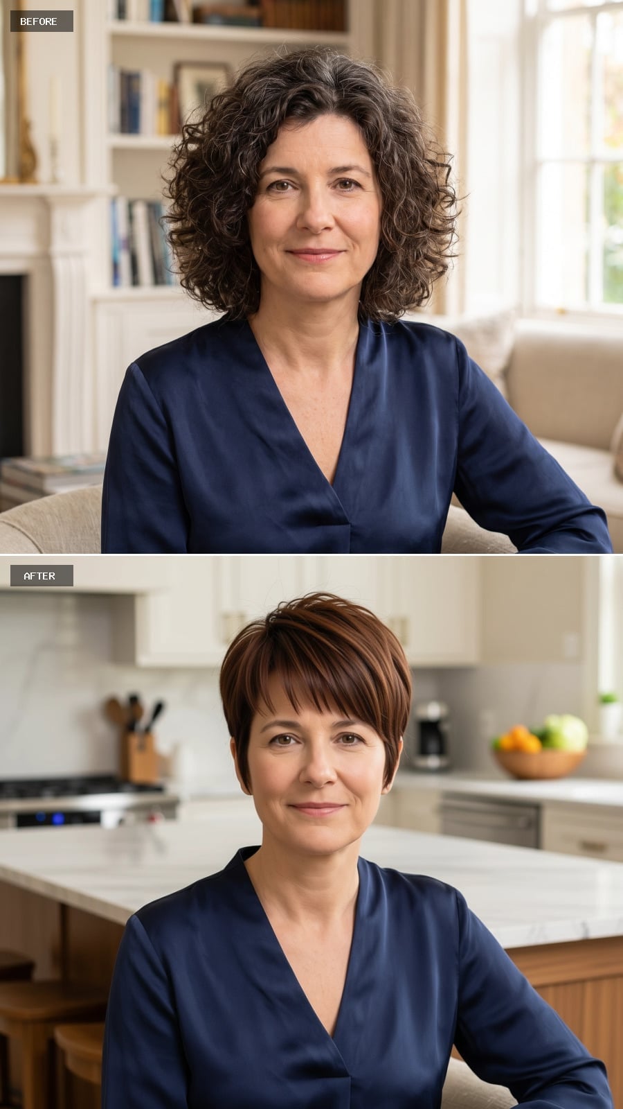 Short brunette pixie with bangs before and after