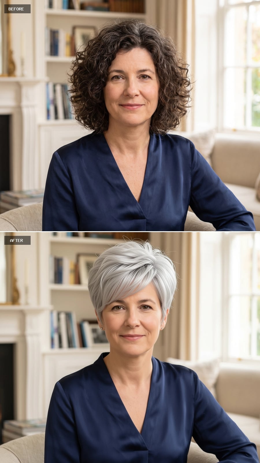 Layered cropped silver haircut with side sweep before and after