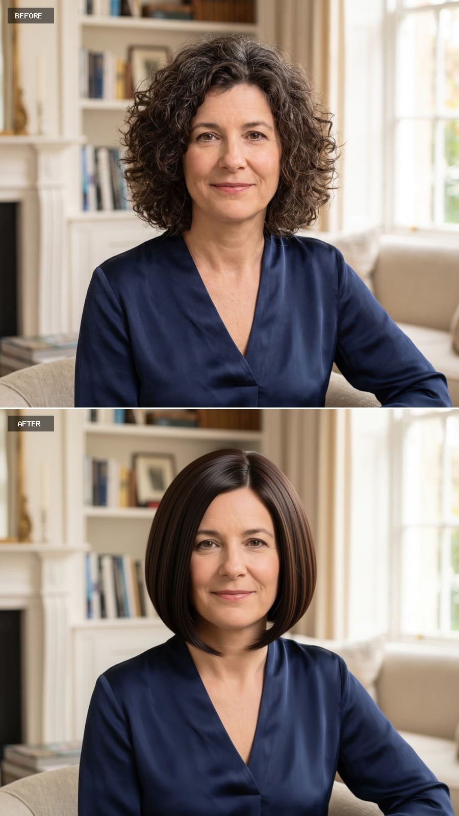 Curly hair transformed into a sleek side-parted brunette bob