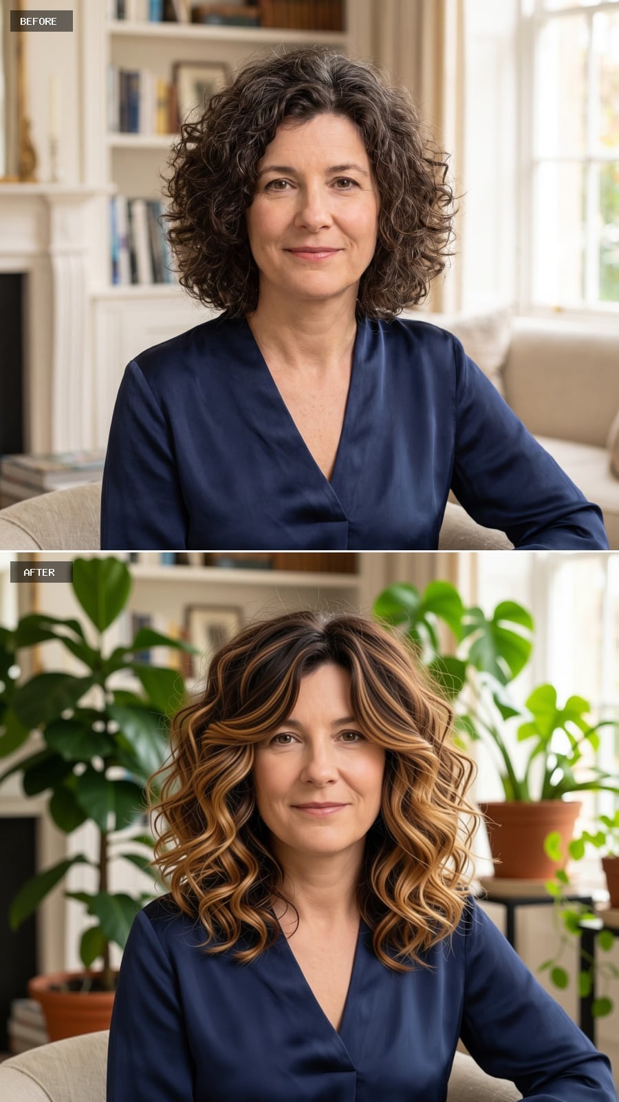 Dark-rooted curls with caramel and honey highlights before and after