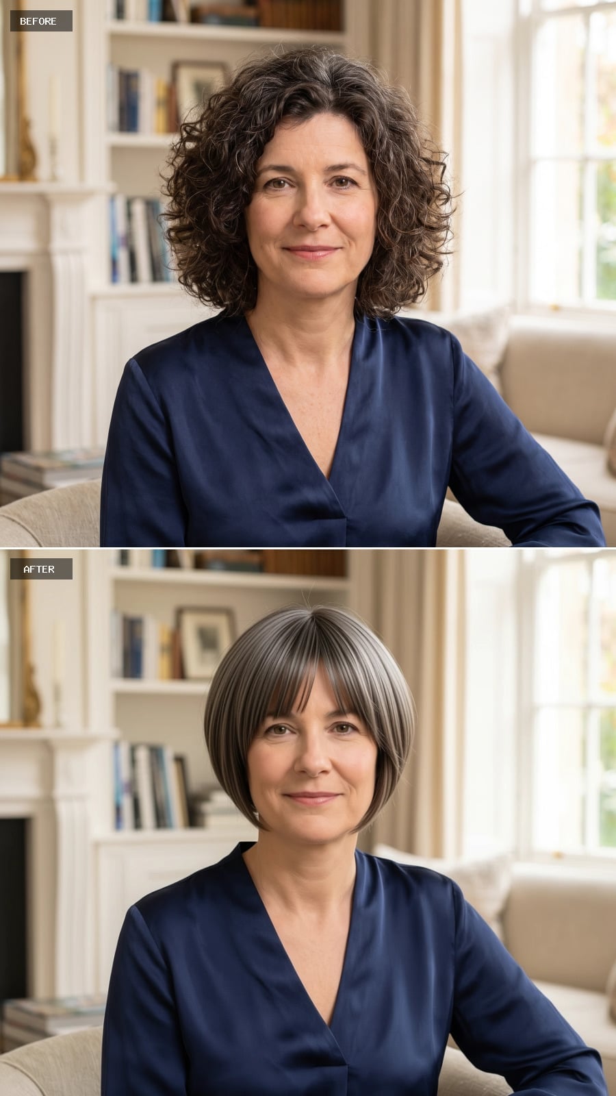 Graduated gray bob with center-parted fringe before and after