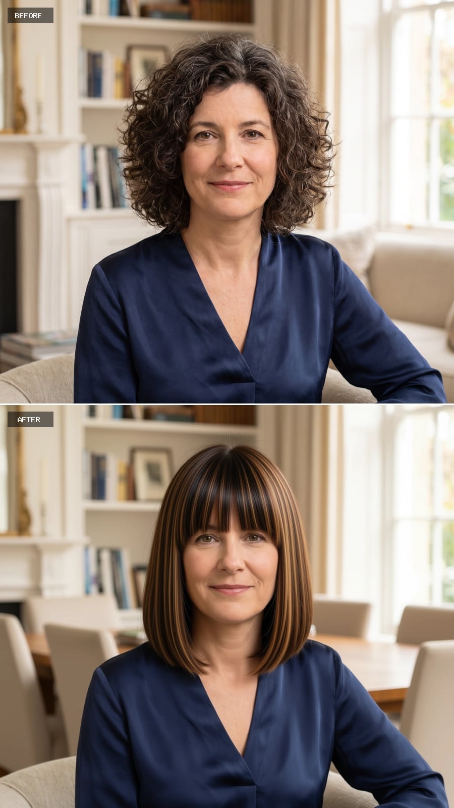 Blunt highlighted lob with fringe before and after