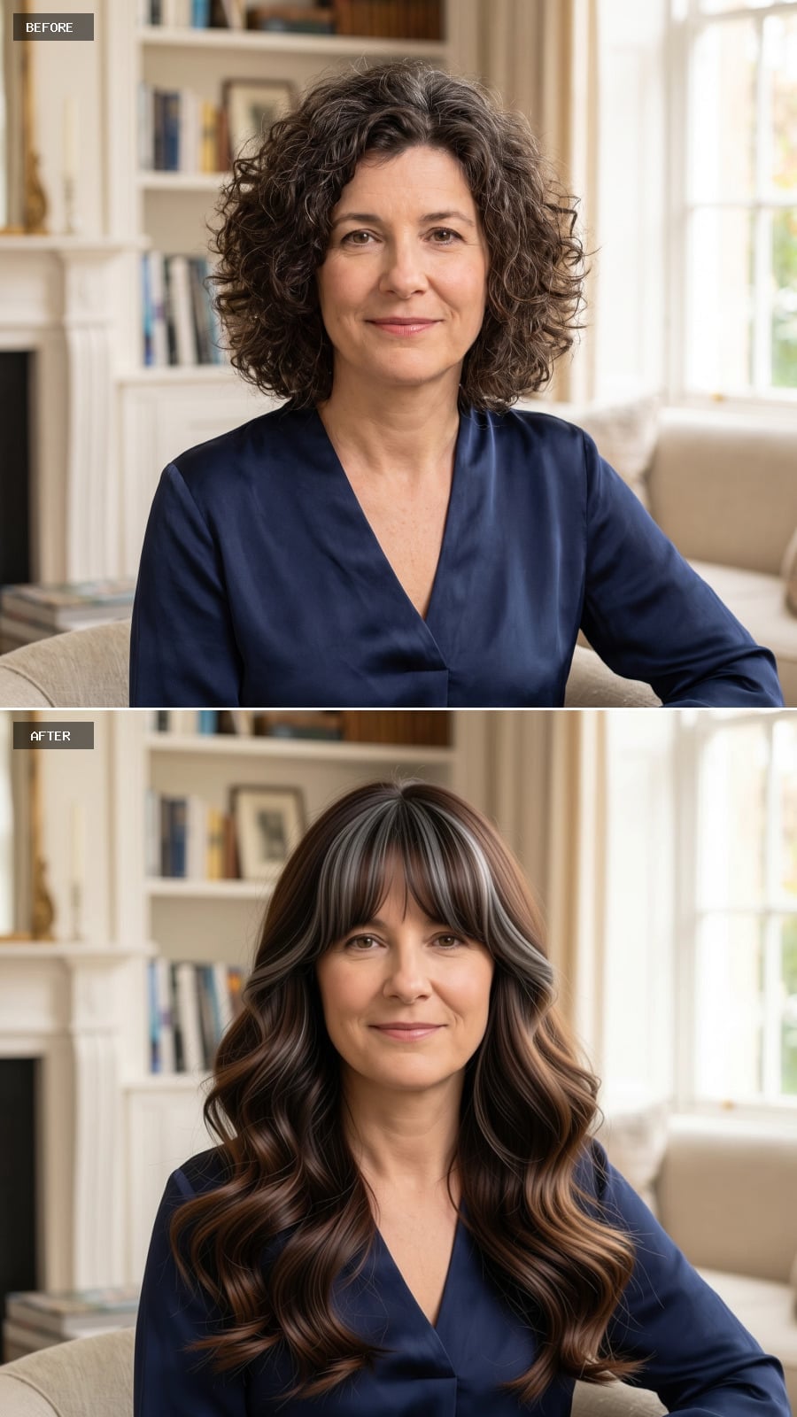 Long dark wavy hair with wispy bangs and highlights before and after