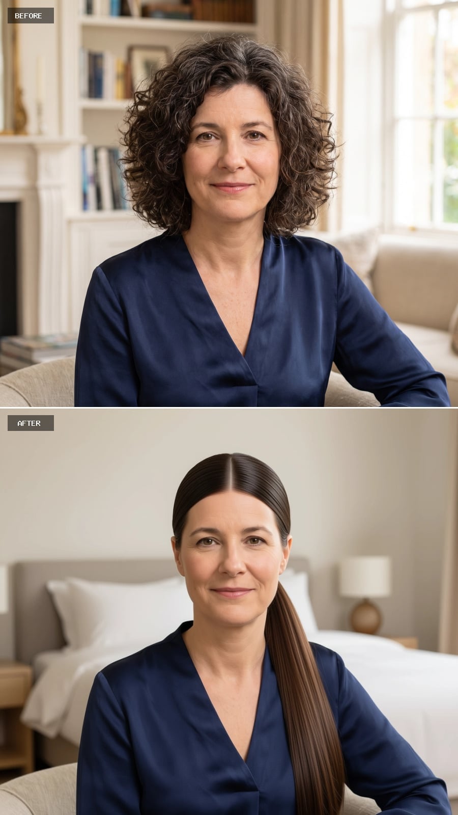 Long sleek center-parted ponytail before and after