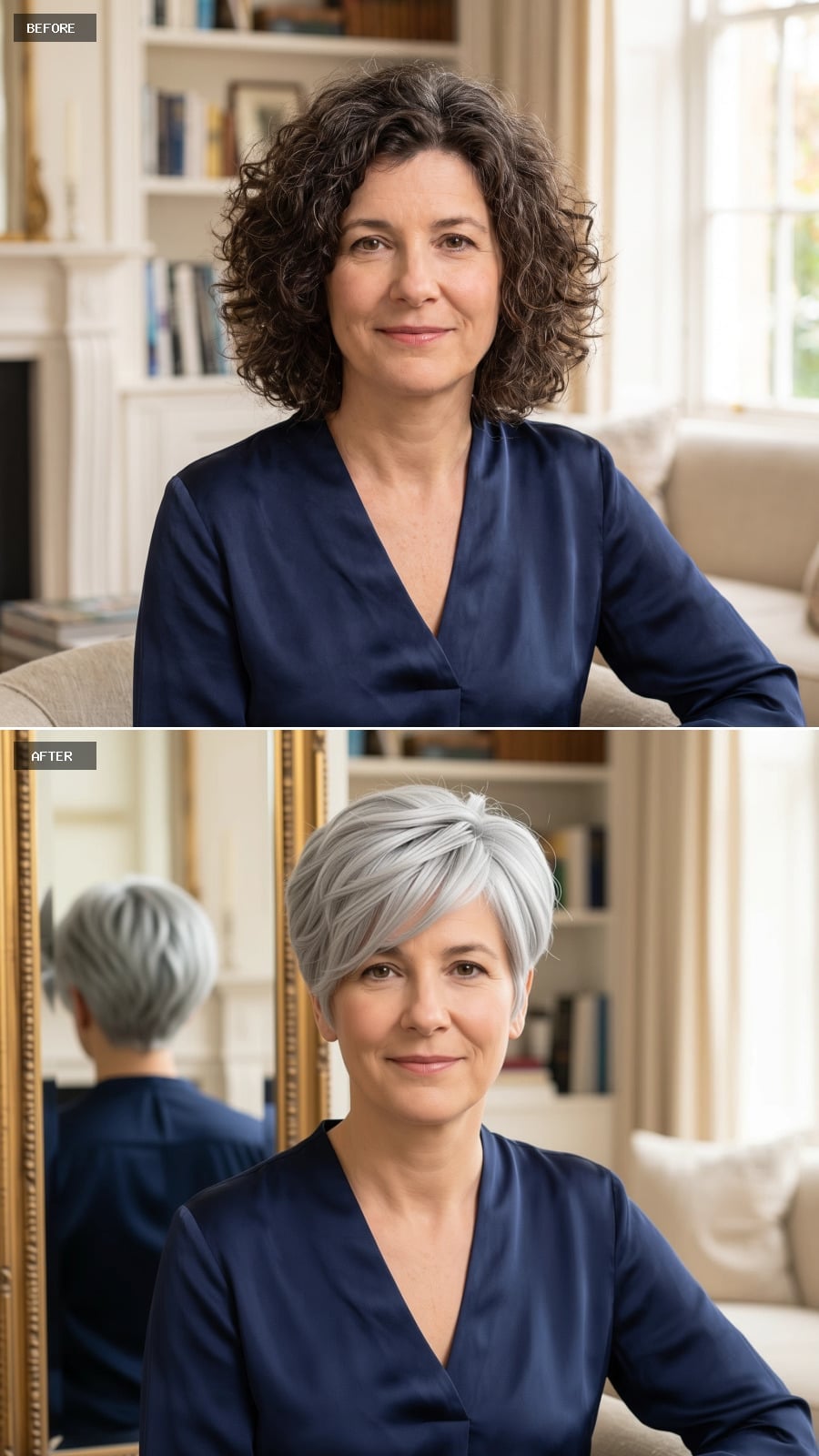 Short swept silver pixie before and after