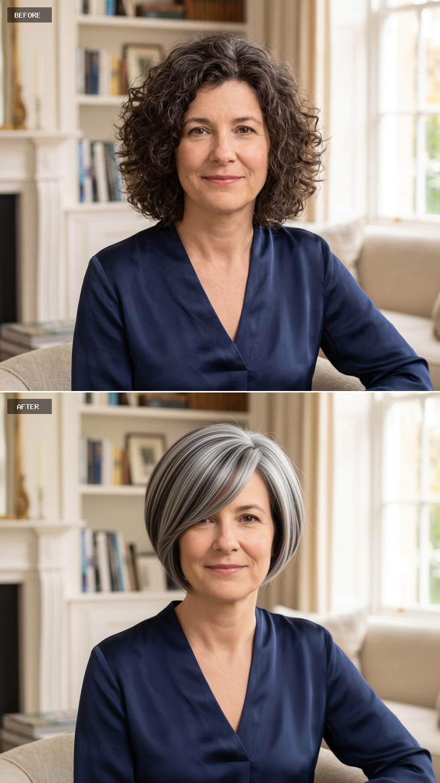 Charcoal and silver side-swept bob before and after