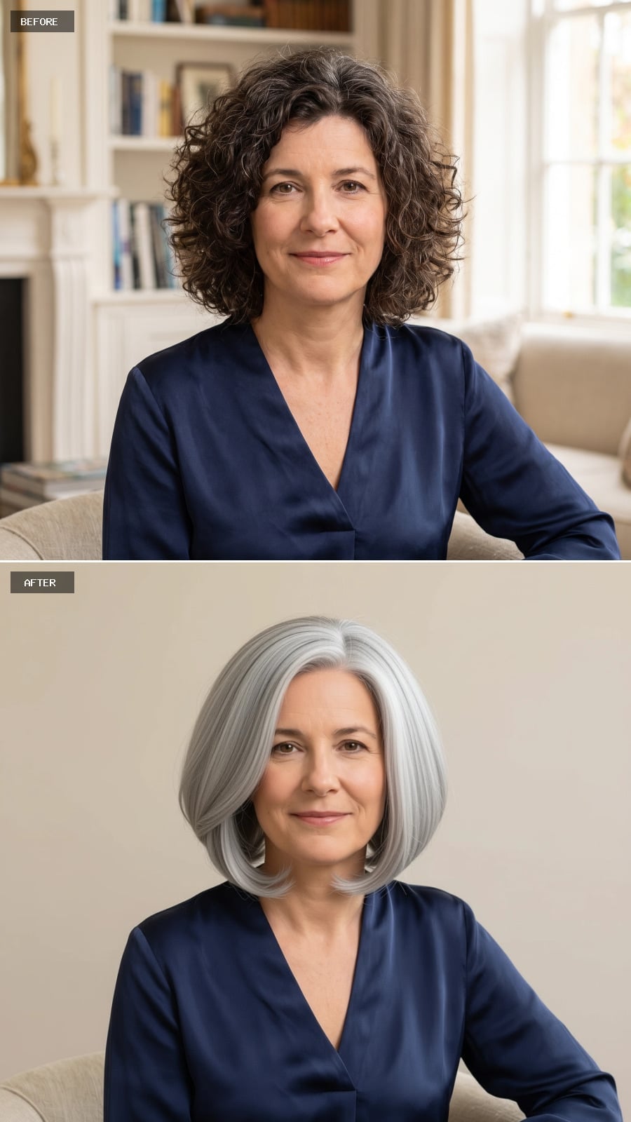 Cool silver side-parted bob before and after