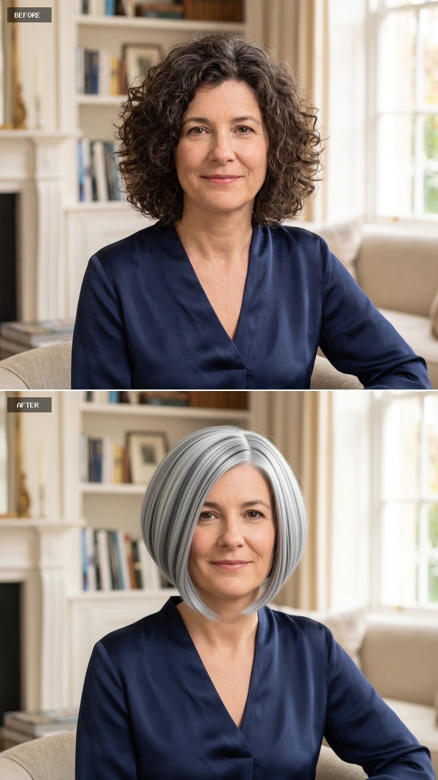 Sleek blue-silver side-swept bob before and after