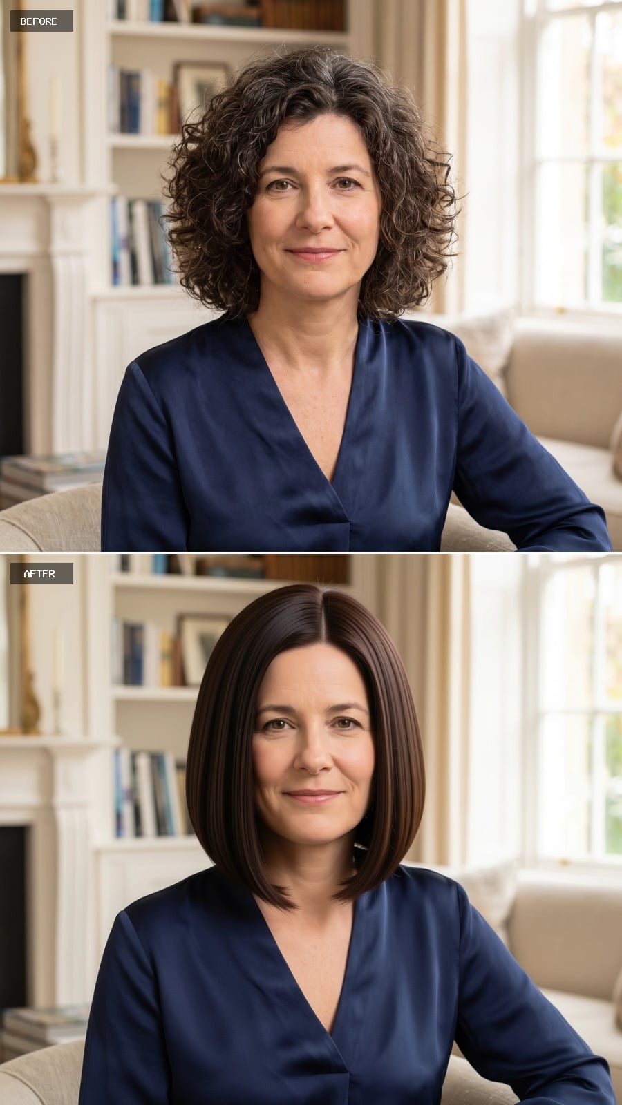 Straight center-parted brunette bob before and after