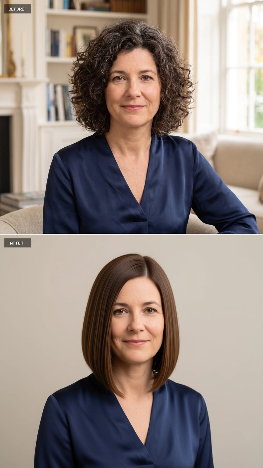 Straight shoulder-length chestnut haircut before and after