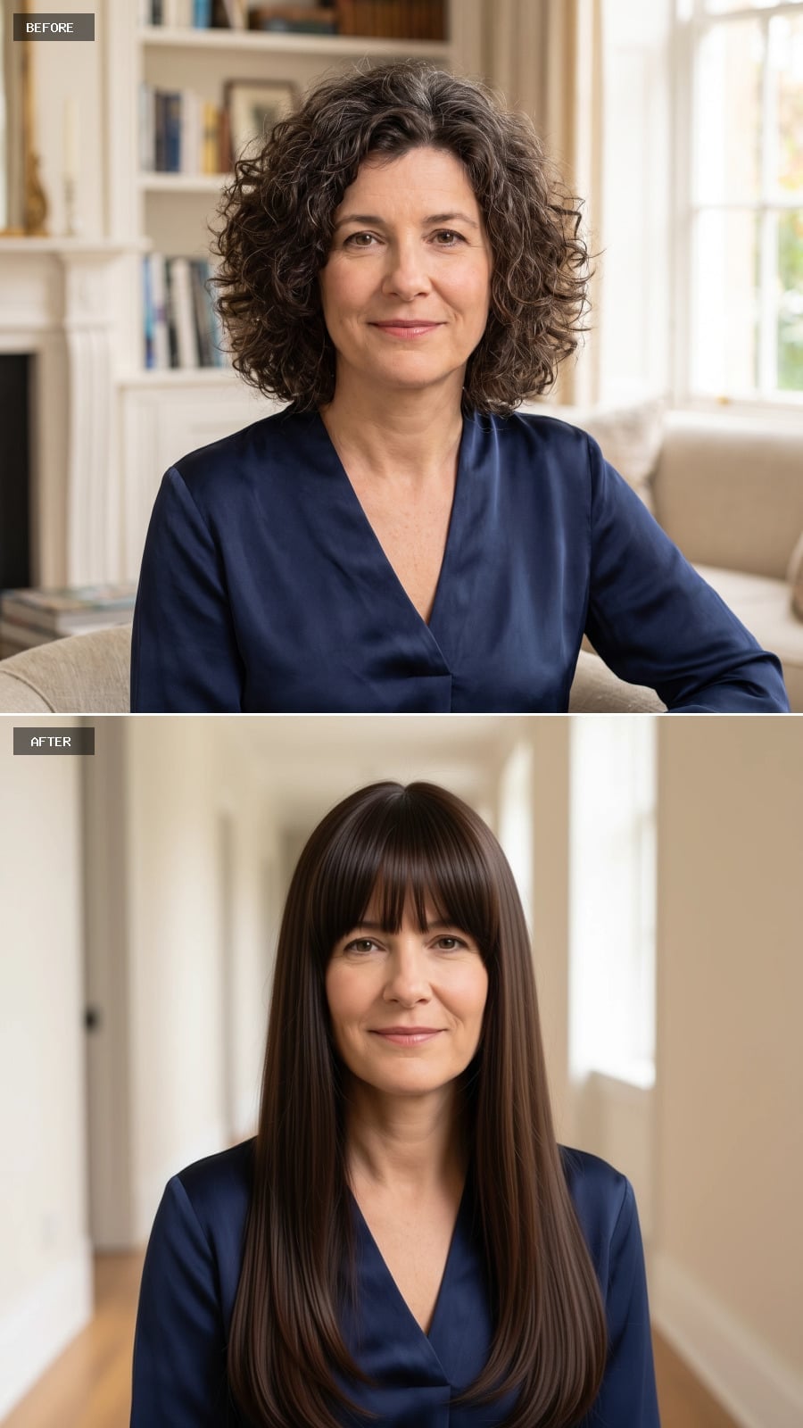 Long dark hair with full bangs before and after