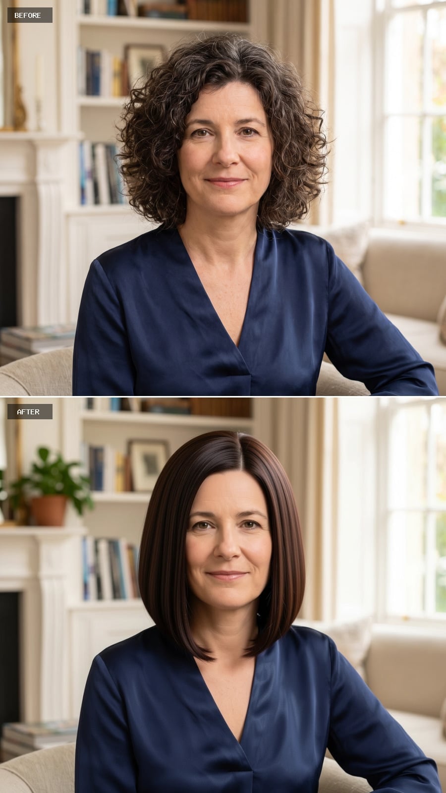 Dark sleek center-parted bob before and after