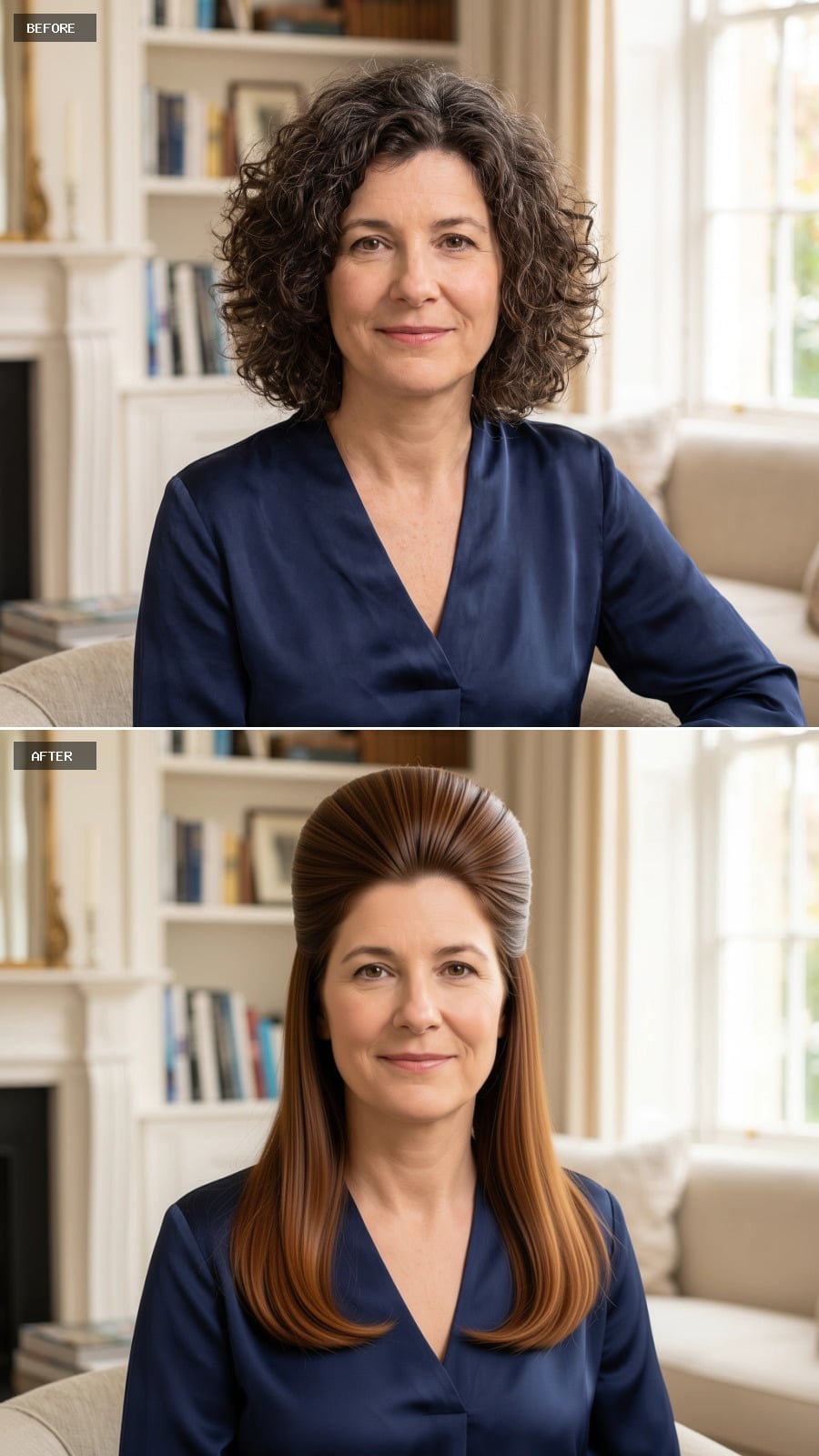 Long chestnut hair with crown volume before and after