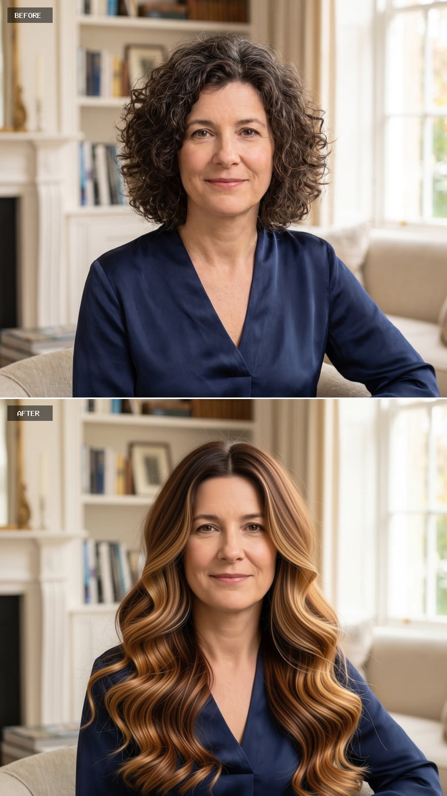 Warm balayage long waves before and after